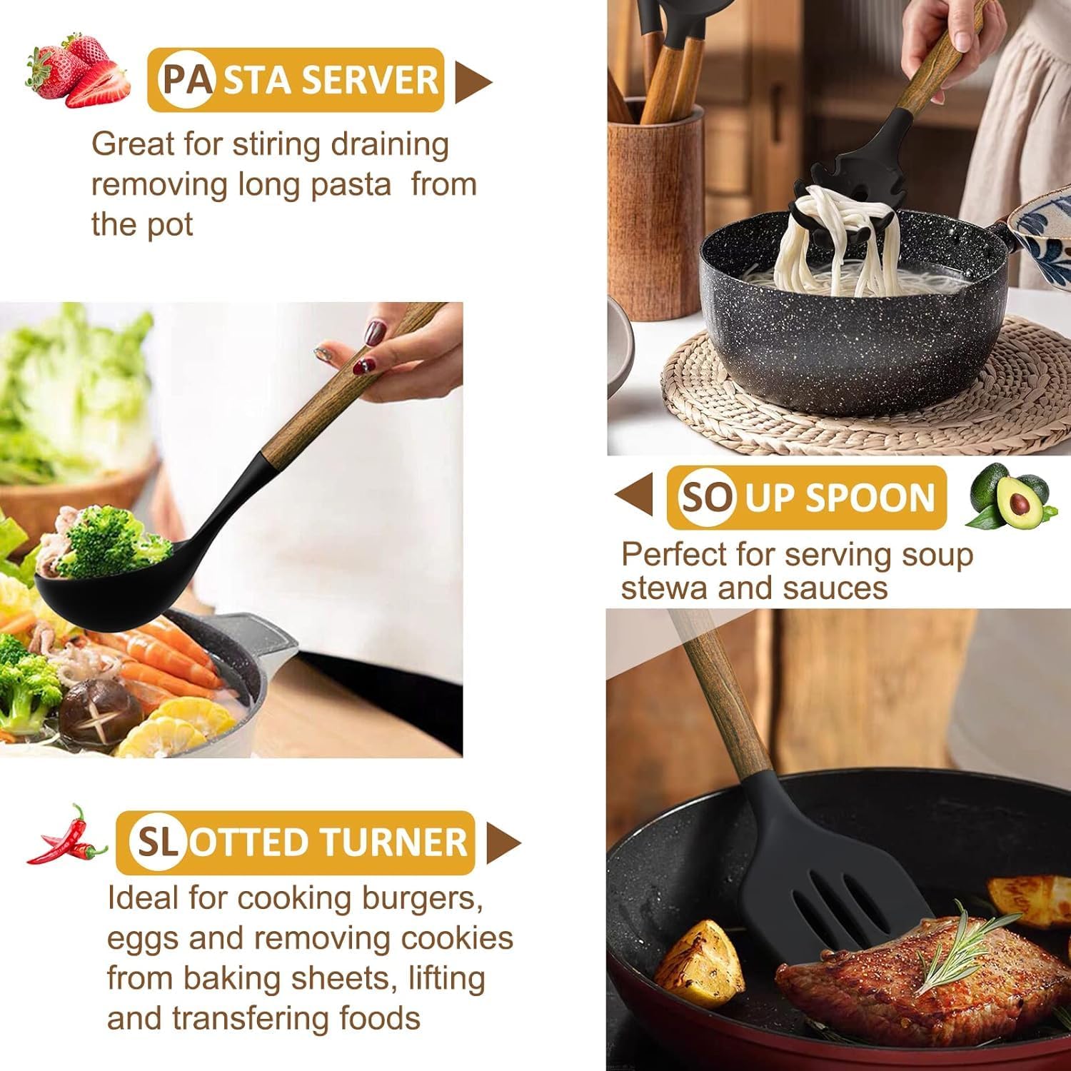 Cooking Utensils Set, 8 PCS Kitchen Utensil Set with Wooden Handle, Black Silicone Kitchen Utensil Accessories, Non-Sticky, Heat Resistant, Easy Cleaning Utensil Set - Image 5