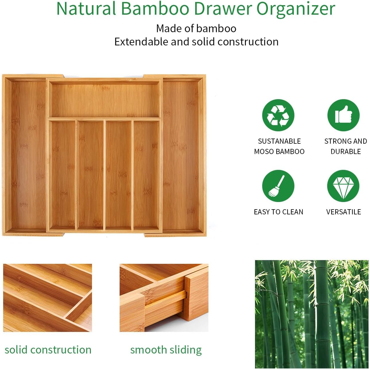 Utoplike Kitchen Bamboo Cutlery Tray, Extendable Drawer Divider, Wooden Drawer Organiser for Utensils, Flatware, Office Supplies, Tools Holder in Livingroom, Bathroom - Image 5