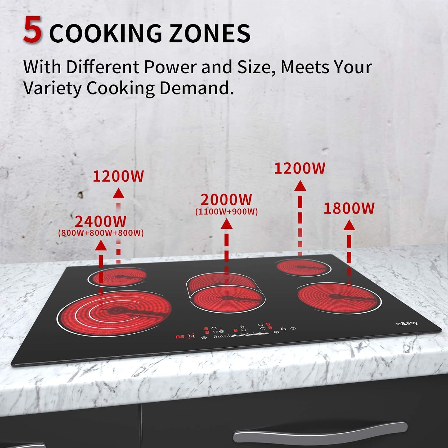 Ceramic Hob, 77cm, 8600W Built-in Electric Glass Ceramic Cooktop, IsEasy Built-in, Black Glass with 5 Cooking Zones, Touch Control, Child-safety Lock&Timer - Image 3
