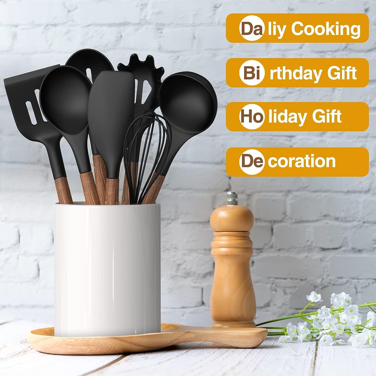 Cooking Utensils Set, 8 PCS Kitchen Utensil Set with Wooden Handle, Black Silicone Kitchen Utensil Accessories, Non-Sticky, Heat Resistant, Easy Cleaning Utensil Set - Image 3