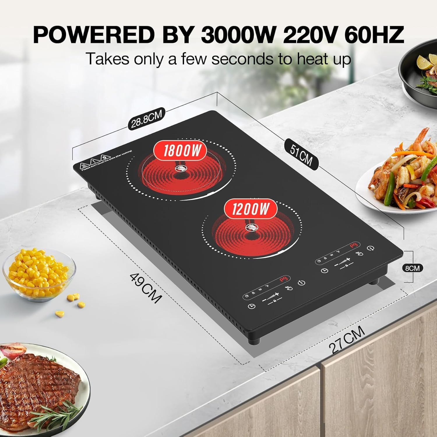 VBGK Double Ceramic Hob 3000W, Plug in 2 Ring Electric Hob with LCD Touch Control, Electric Cooktop with Safety Lock & Timer, 9 Power Levels, Built-in and Countertop 220V-240V - Image 4
