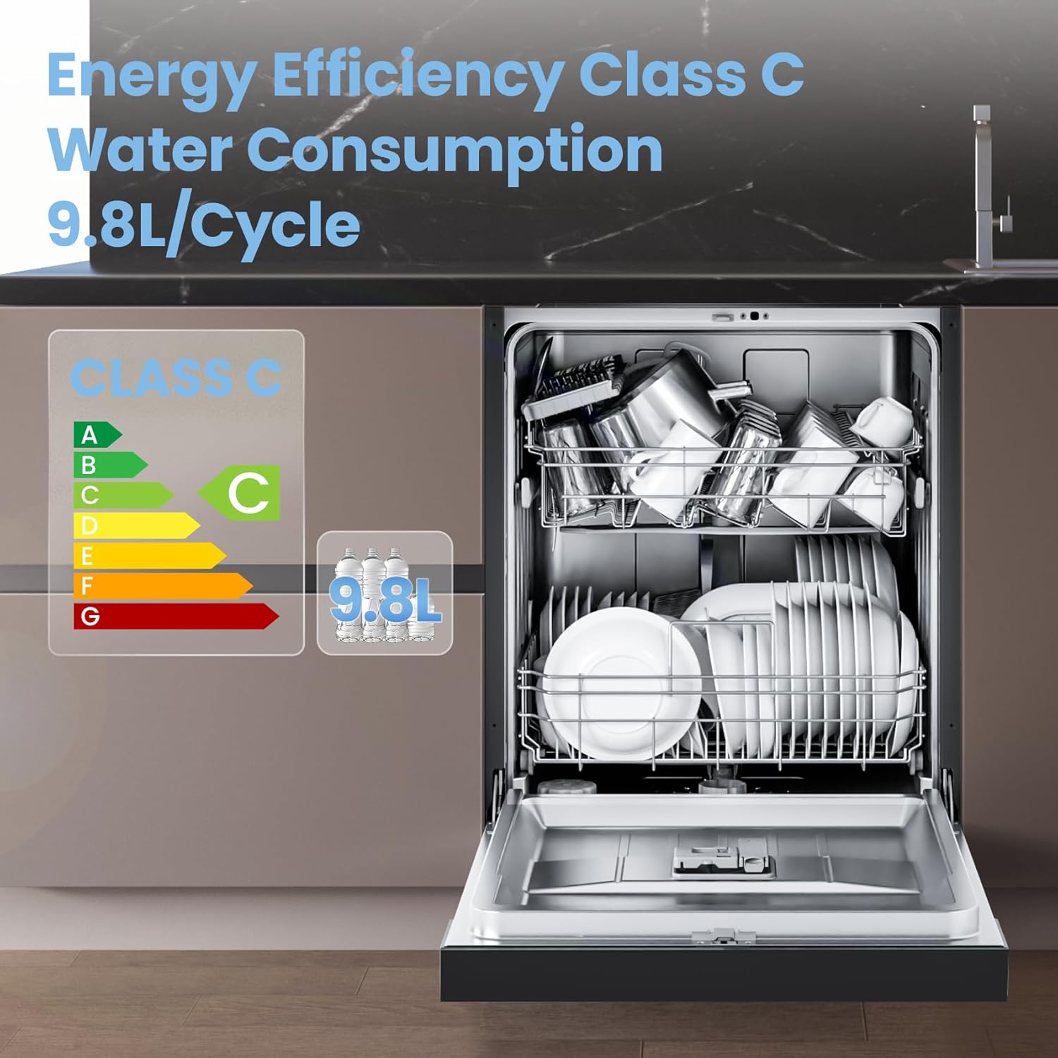 COMFEE' Freestanding Dishwasher CDWEF1435EBC-UK with 14 place settings, Full Size, Whisper Quiet 44dB, Wide LED Display, Delay Start, Half Load Function, Flexible Racks, Black - Image 3