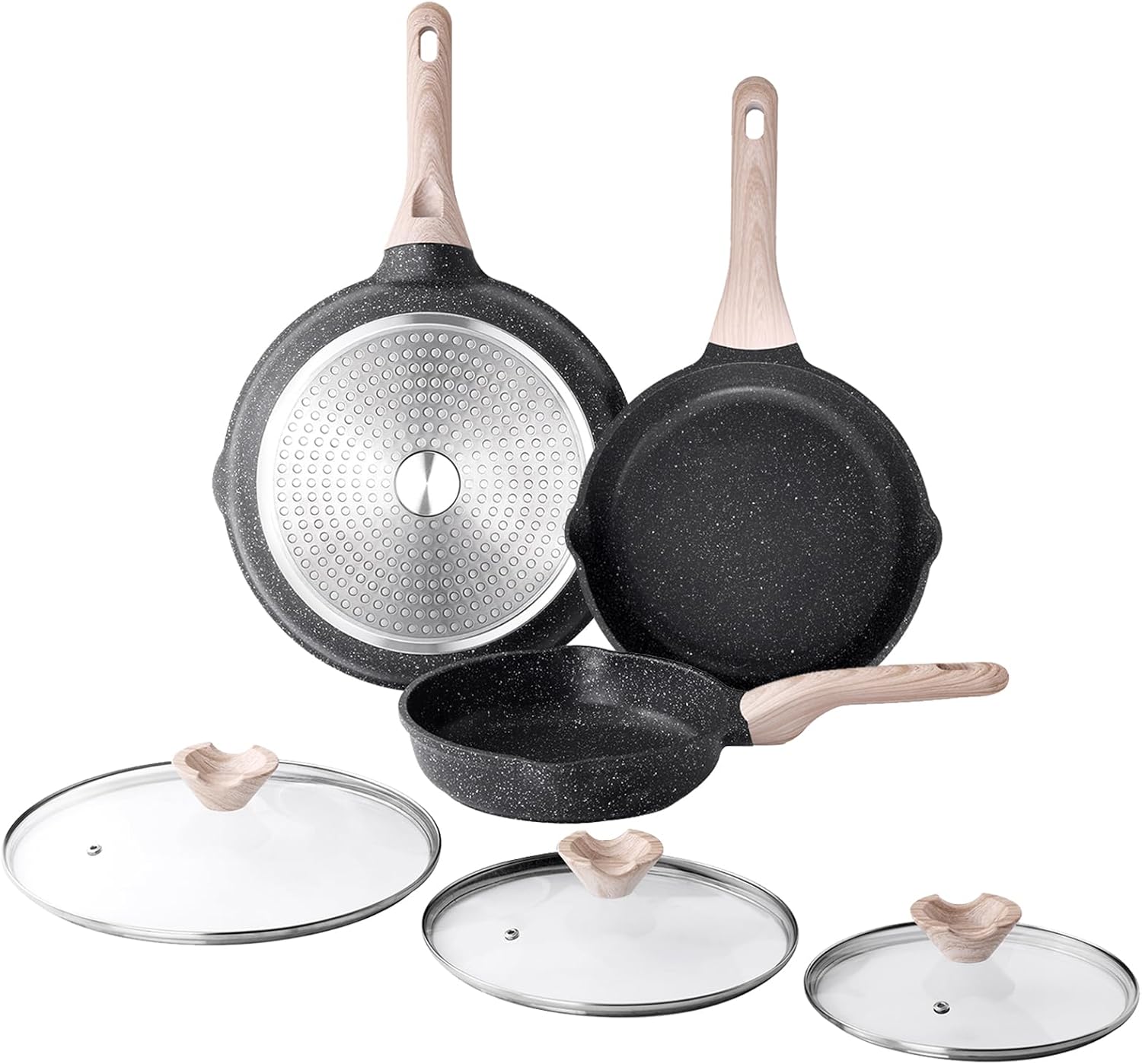 Kordisen Nonstick Frying Pan Set with Lids, 3 Piece Skillet Set, Healthy Induction Cooking Pan, Stay-Cool Handle, Compatible with All Stovetops, PFOA Free (20/24/28cm)