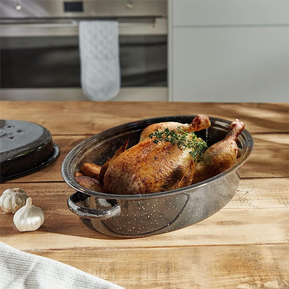 VonShef Enamel Roaster with Lid - Self-Basting, Deep Oval, Non-Stick Black Steel Oven Roasting Tin Heats up to 230°C for Stews, Casseroles & Roast Dinners - Gas/Electric, Easy Clean - 38cm - Image 4