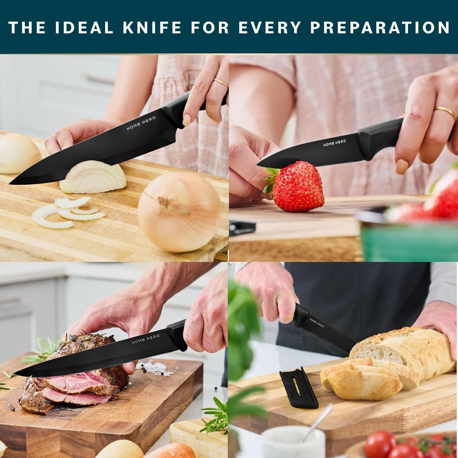 Home Hero 5-Piece Kitchen Knife Set with Protective Sheaths & 2-Stage Sharpener, Black Stainless Steel Chef, Bread, Carving, Utility & Paring Knives - Image 5