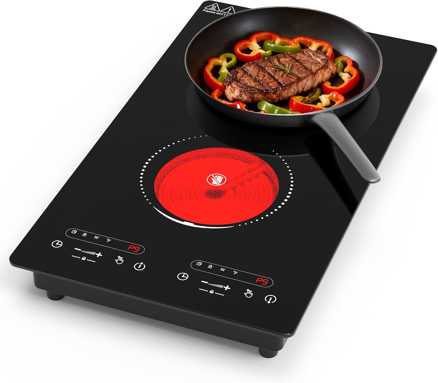 VBGK Double Ceramic Hob 3000W, Plug in 2 Ring Electric Hob with LCD Touch Control, Electric Cooktop with Safety Lock & Timer, 9 Power Levels, Built-in and Countertop 220V-240V