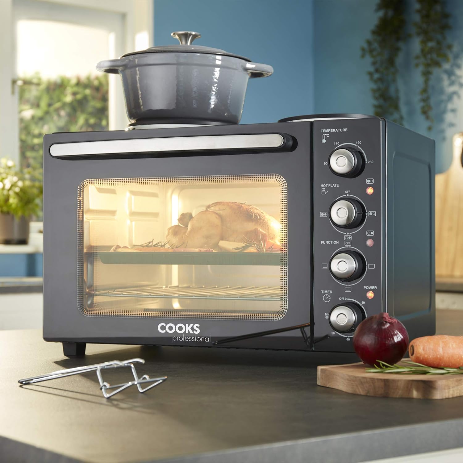 Cooks Professional Mini Portable Oven with Hobs | Energy Efficient Electric Countertop Cooker with Two Hot Plate Hobs & Wire Rack Baking Tray | Kitchen Table Ovens | 34L Capacity | Black and Silver - Image 2