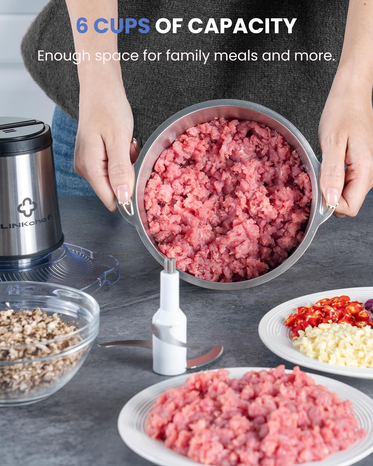 LINKChef Food Processor, Dual-Speed Mini Electric Vegetable Chopper with 1.5L Stainless Steel Bowl, 3-Layer Blades, Small Food Processor for Meat, Onions, Garlic, Nuts, Baby Food, Black - Image 4