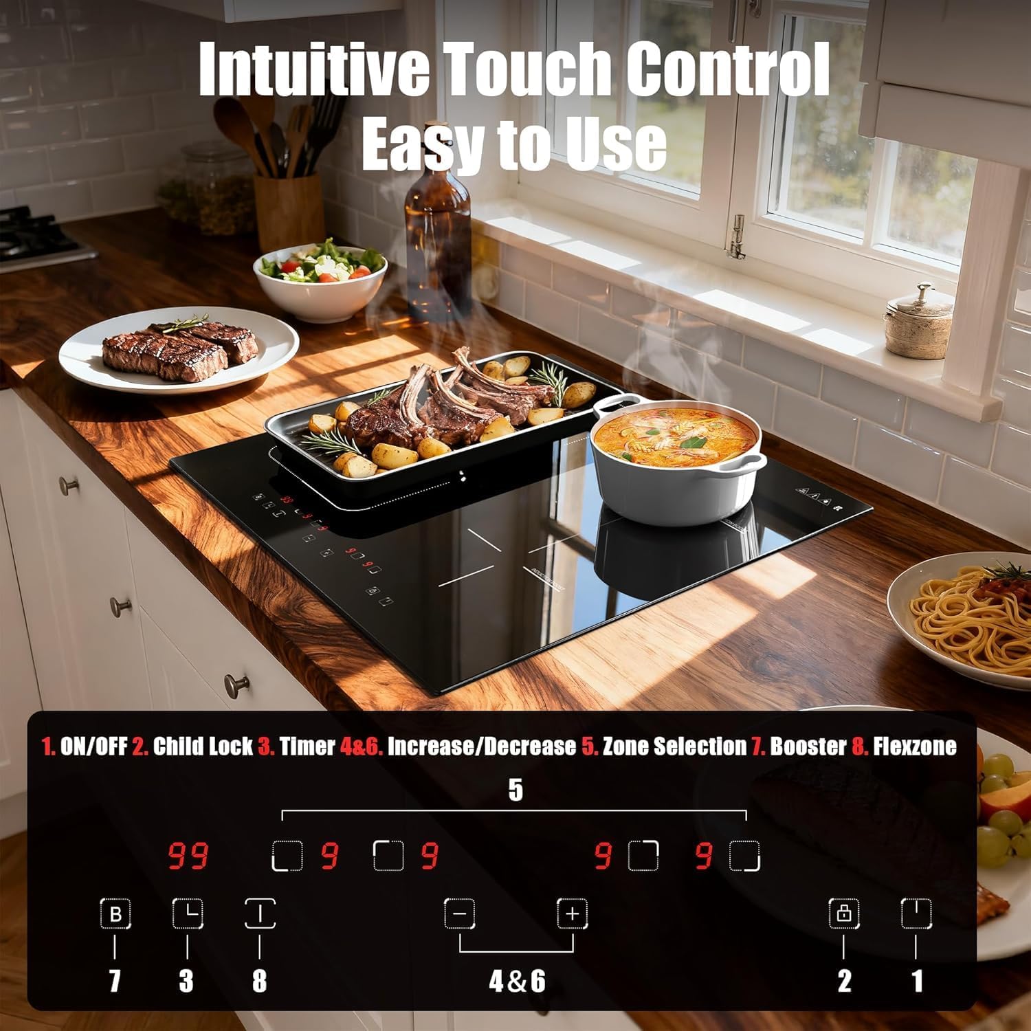 Karinear Flex Induction Hob with 99 Min Timer Safe Lock Black,4 Ring Electric Hob 60cm with Hard Wire(7200W) - Image 4