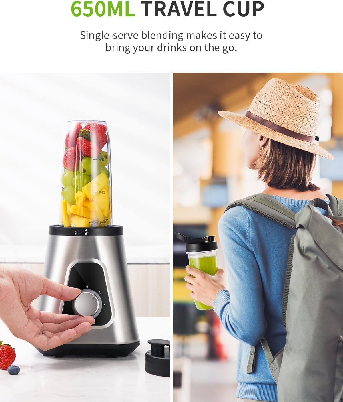 GDOR 1200W Smoothie Blender 2 in 1 Blender with 1.5L Glass Jug & 650ML Travel Cup 3 Speed Smoothie Maker Professional Glass Jug Blenders for Smoothies, Shakes, Frozen Drinks, Ice, Sauces, Silver - Image 6