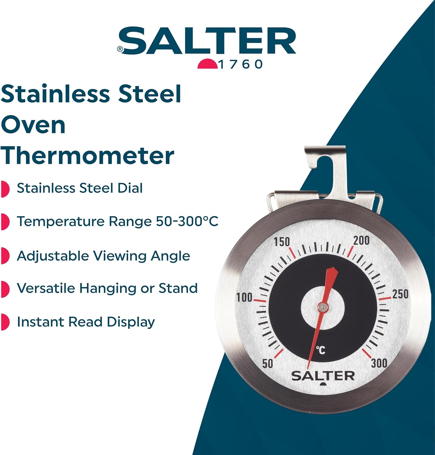 Salter Oven Thermometer - Stainless Steel Dial, Food Baking, Temperature Gauge 50 – 300°C, For Home/Kitchen, Hang or Stand in Oven, Instant Read, Adjustable Viewing Angle, Bold Display - Image 2