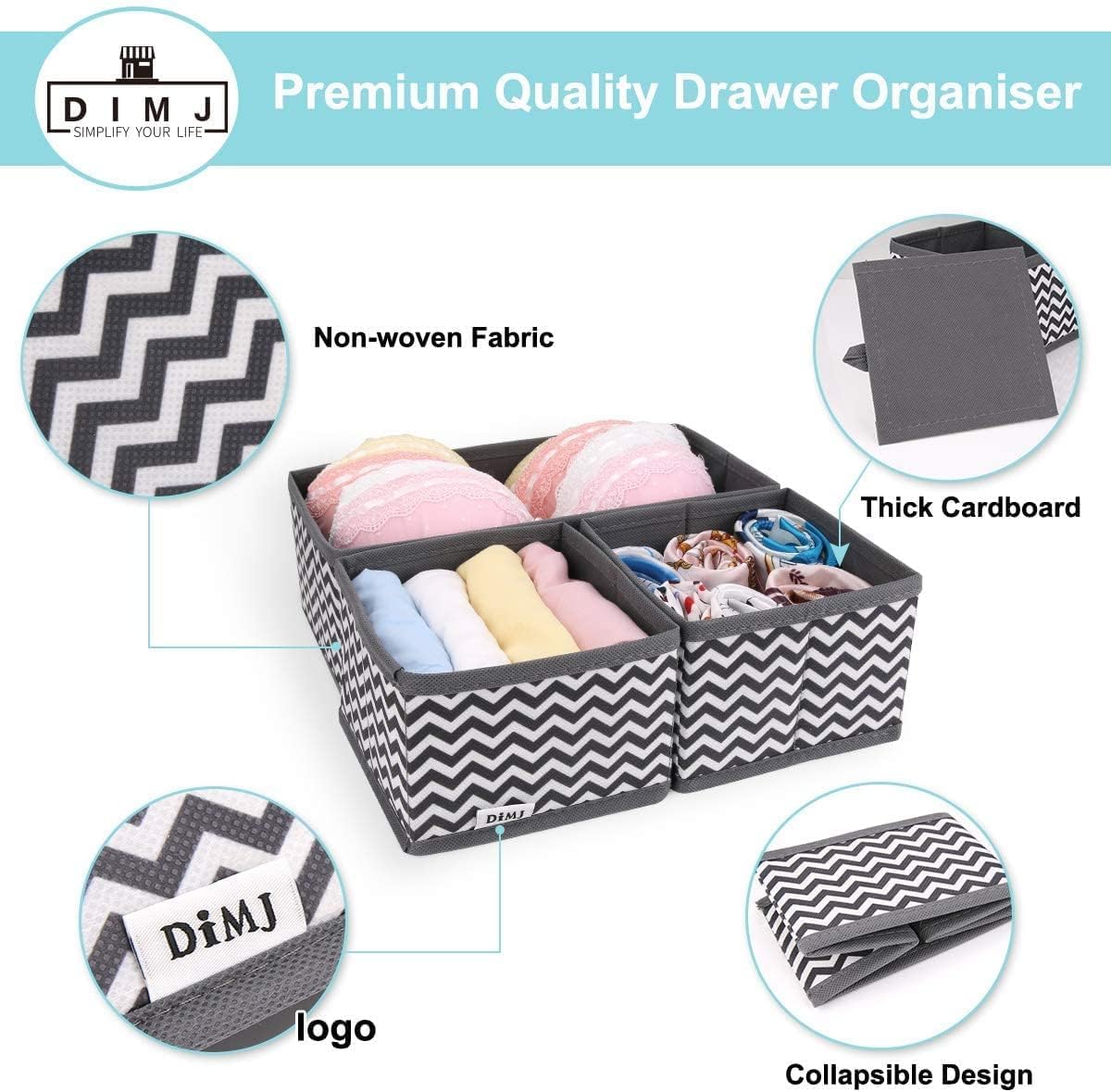 DIMJ 12 Pack Fabric Drawer Dividers Foldable Storage Boxes Ideal for Socks/Toys/Stationery/Towels/Snacks, 4 Medium & 8 Small Drawer Organiser for living rooms, nurseries, kitchens or home offices - Image 3