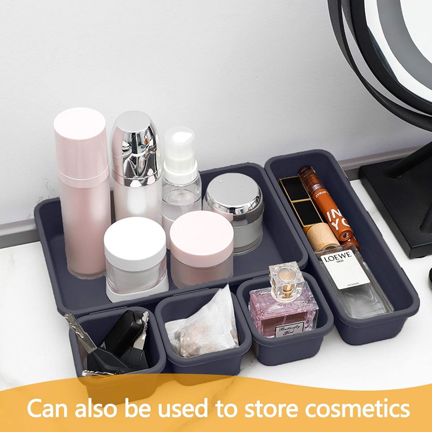 8Pcs Drawer Organiser - Interlocking Drawer Dividers Plastic Storage Trays, 3 Sizes Uncluttered Storage Drawer Tidy Trays Dividers for Kitchen Office Desk Make-Up Stationery Bathroom Jewellery (Grey) - Image 5