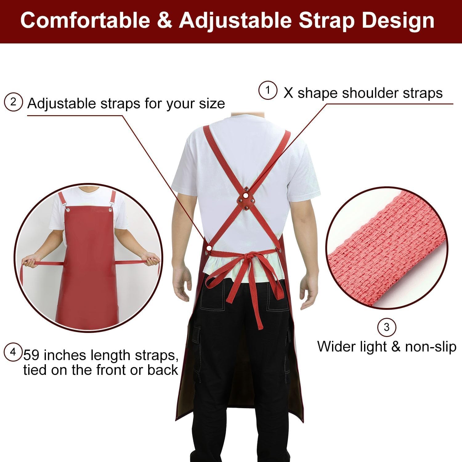SHEOMERN PU Rubber Waterproof Aprons for Dishwashing, Heavy Duty Butcher Apron, Adjustable Cross Back Apron for Dishwasher, Red - Image 5