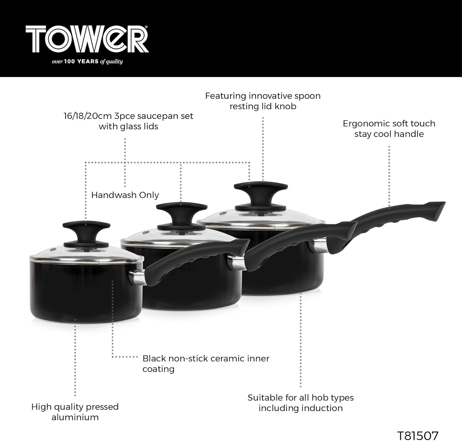 Tower T81507 Essentials Induction Pot Set, Non Stick Ceramic Coating, Easy to Clean, Dishwasher Safe, Black, 3 Piece, 16/18/20 cm - Image 2