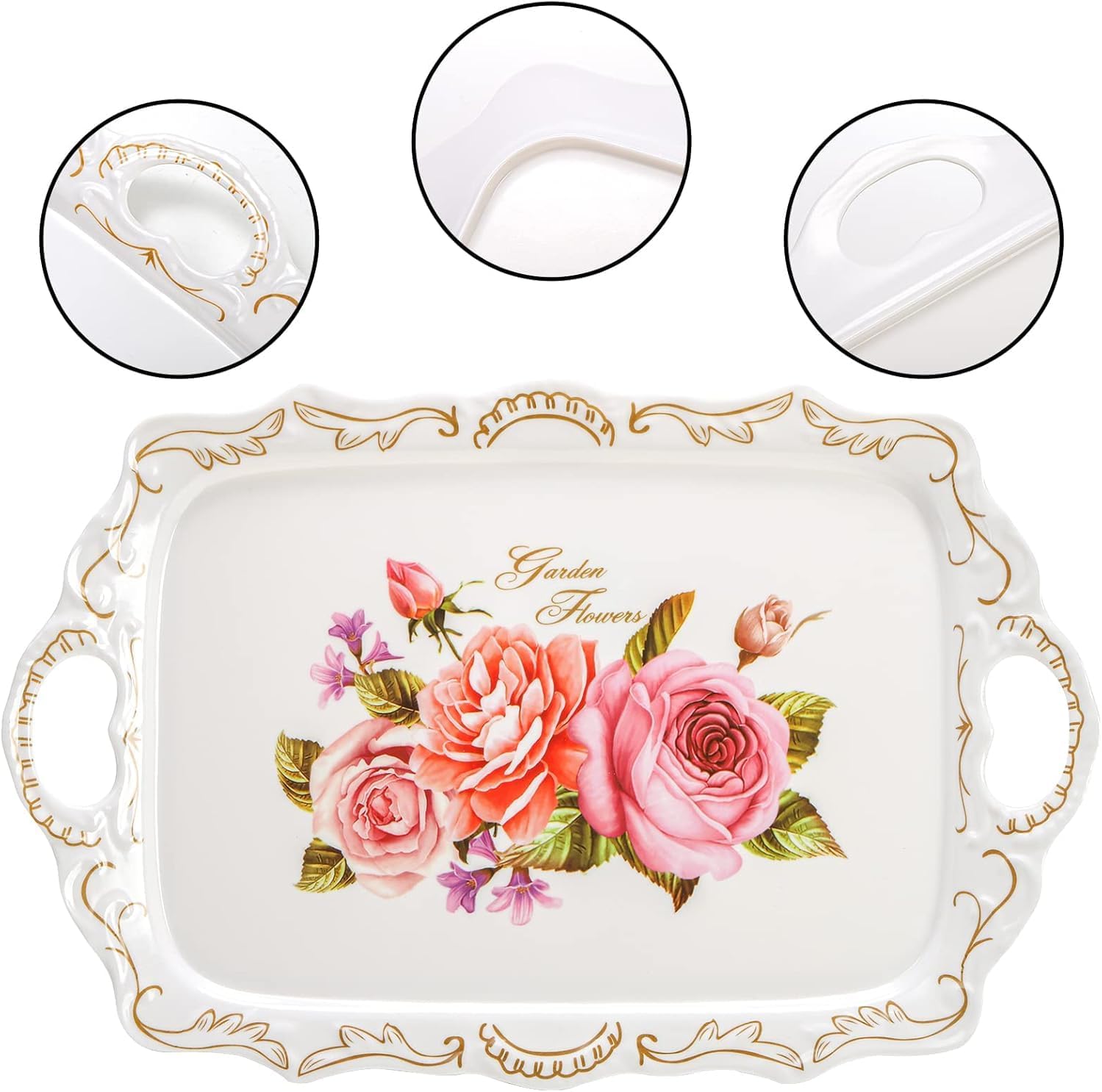WUWEOT 3 Pack Serving Trays with Handles, Stackable Serving Platter BPA-Free Rectangle Food Tray Set with Flower Pattern for Home, Parties and Restaurants, Safe for Dishwashe - Image 3