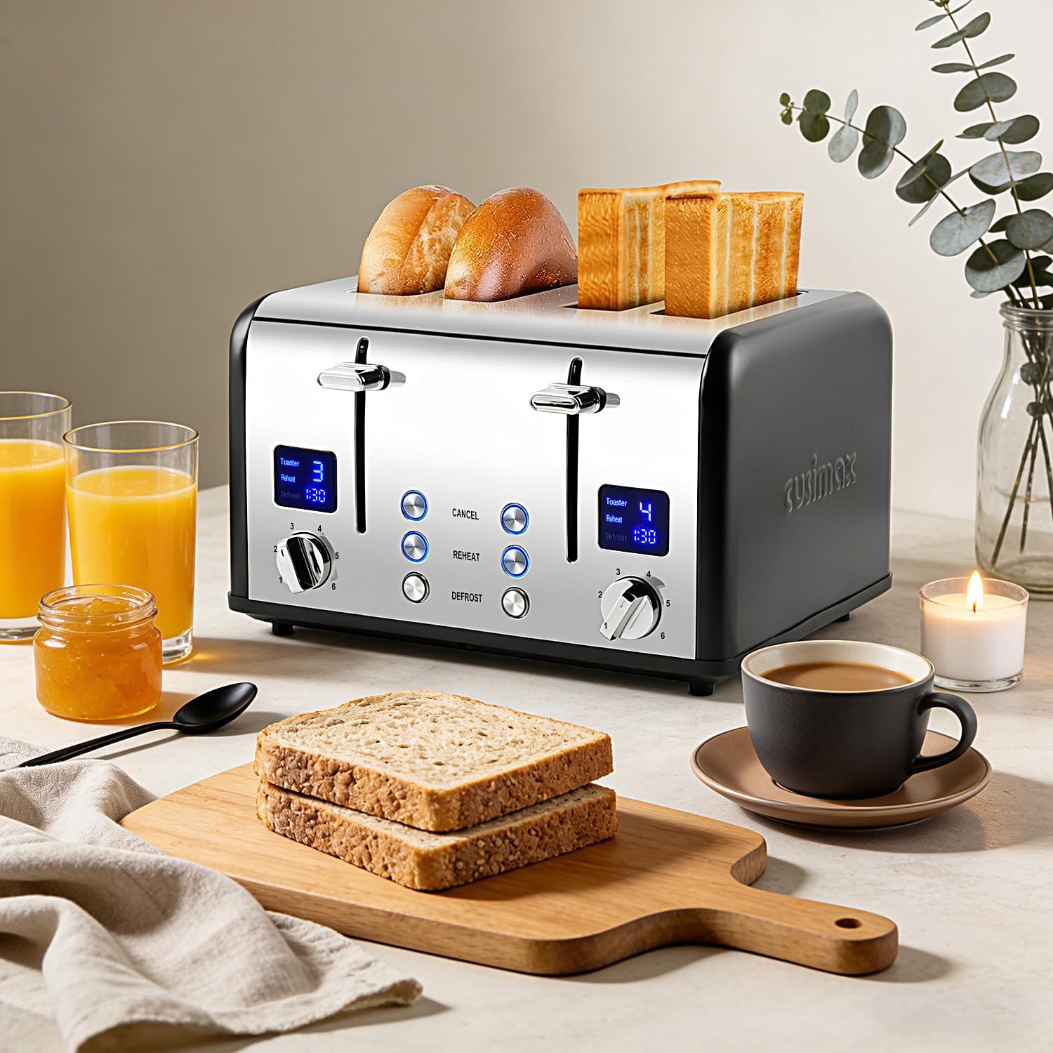 Toaster 4 Slices, Cusimax Stainless Steel Toaster with Ultra-Clear LED Display & 4 Extra-Wide Slots, Defrost/Reheat/Cancel Function, 6 Browning Settings, Removable Crumb Tray, Black - Image 7