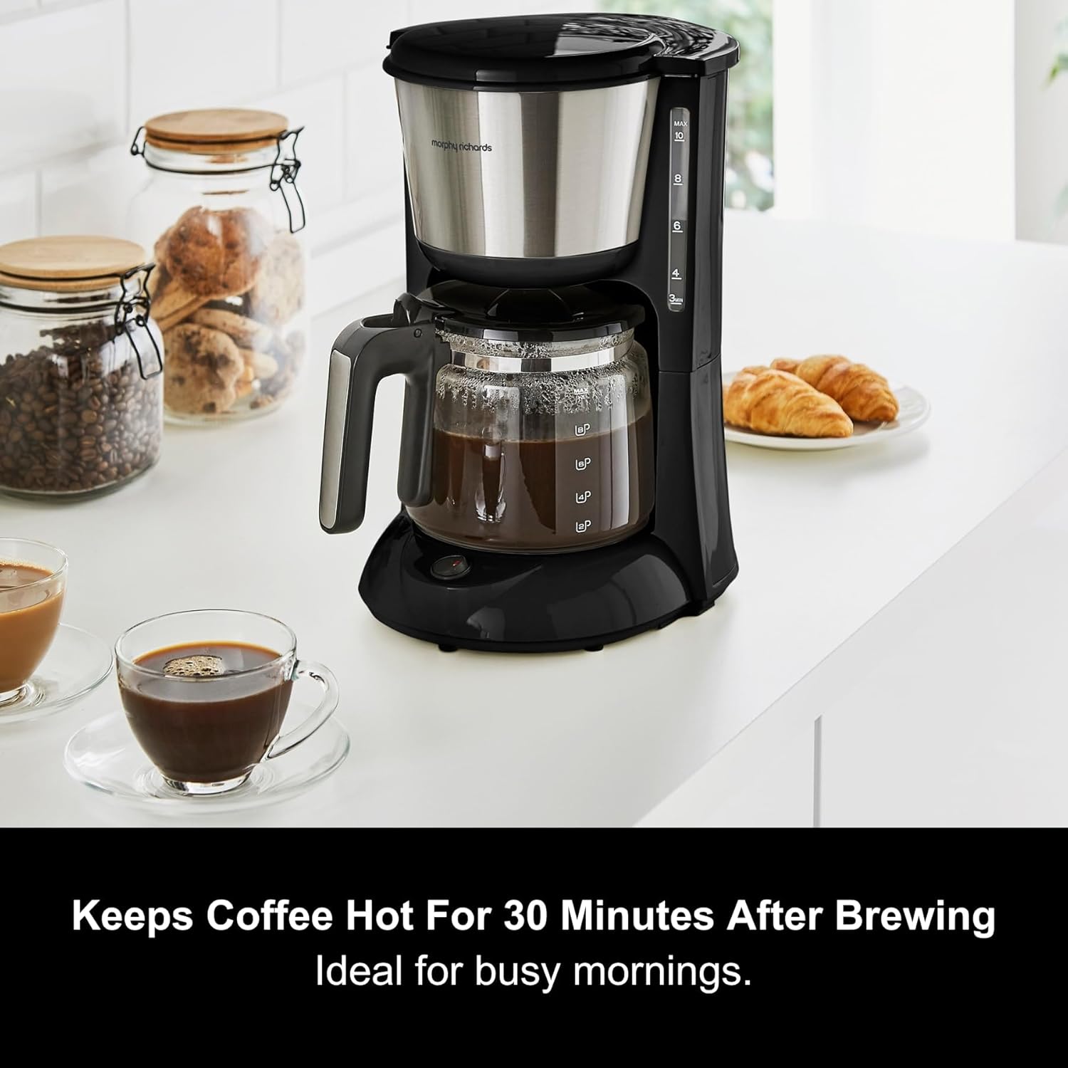 Morphy Richards Equip Filter Coffee Machine, Coffee Maker for Instant Coffee, Pour Over Technology, 10 Cup, Anti Drip, Reusable Filter, Keep Warm, Aroma Blender, Black/Brushed Steel, 162501 - Image 2
