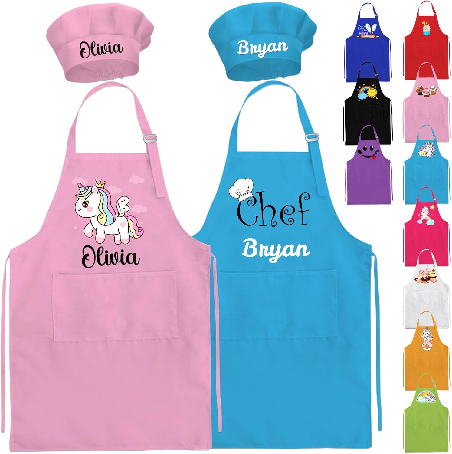Personalised Kids Apron and Chef Hat Set Gift for Girls Boys Custom Kids Aprons with Name Adjustable Kitchen Cooking Child Aprons