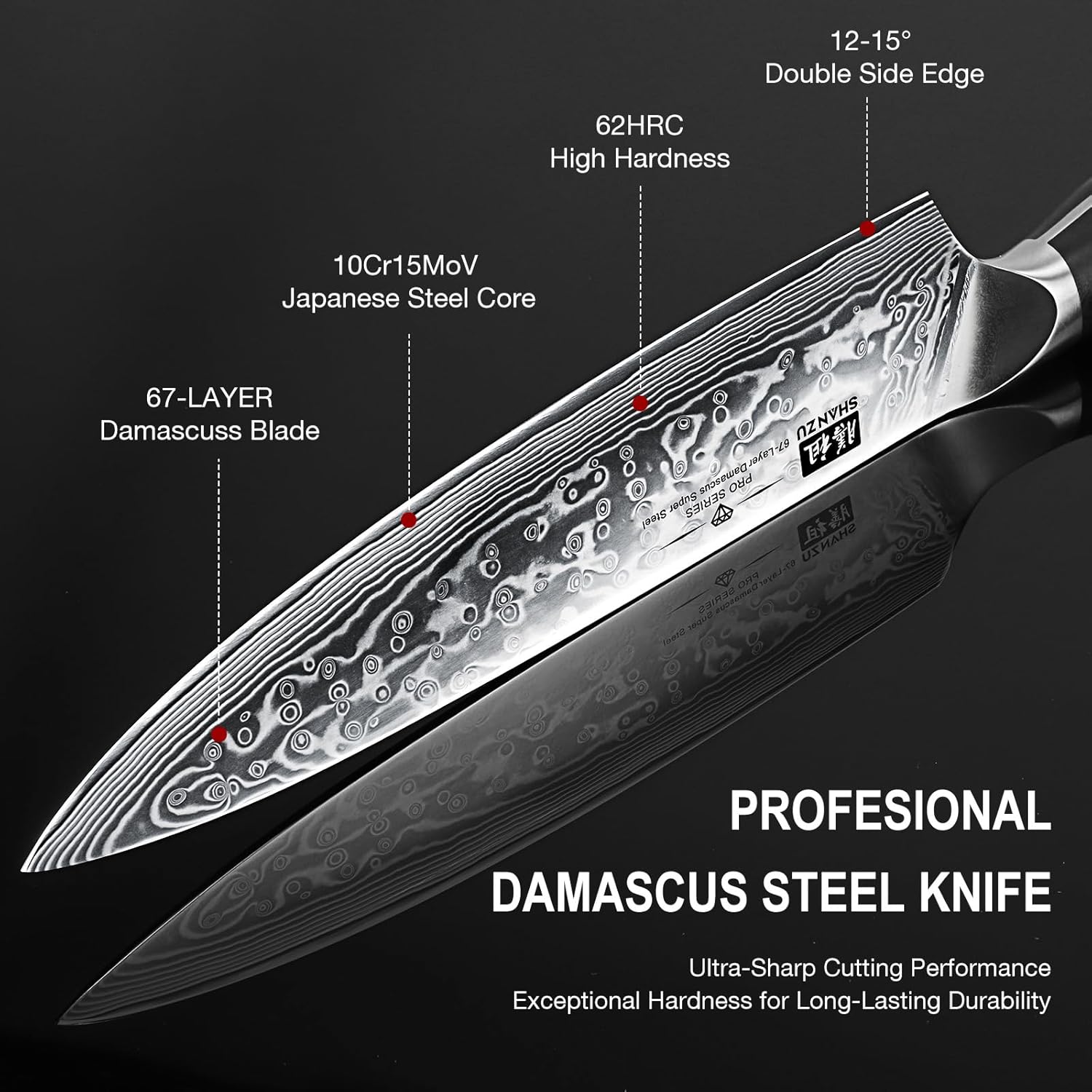 SHAN ZU Damascus Knife Set of 3 PCS, Japanese Damascus Steel 67 Layers Kitchen Knives Set High Carbon Professional Ultra-Sharp Chef Knife Set Ultra Sharp Cooking Utility Knife Set with G10 Handle - Image 3