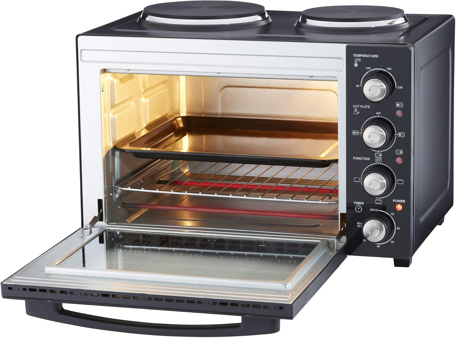 Cooks Professional Mini Portable Oven with Hobs | Energy Efficient Electric Countertop Cooker with Two Hot Plate Hobs & Wire Rack Baking Tray | Kitchen Table Ovens | 34L Capacity | Black and Silver - Image 9