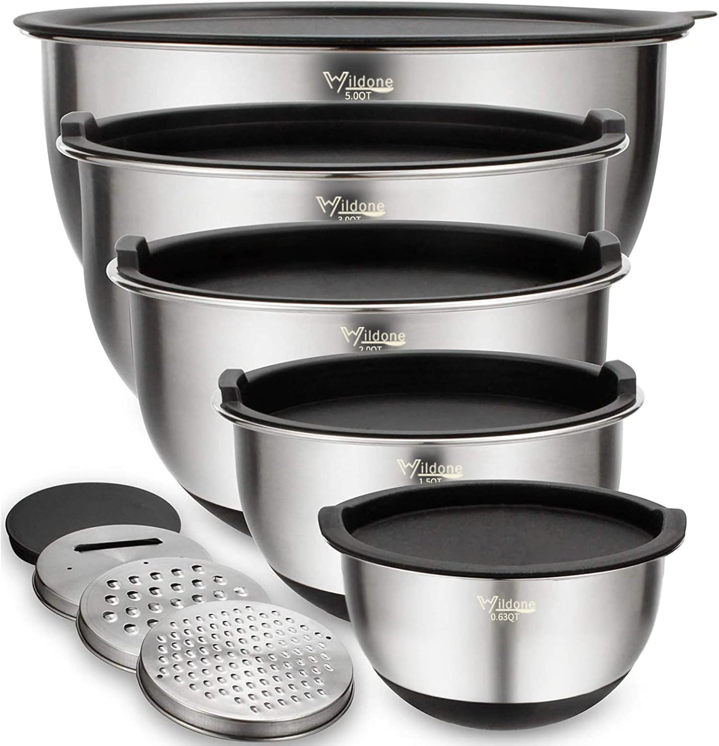 Wildone Mixing Bowls Set of 5, Stainless Steel Nesting Bowls with Airtight Lids, 3 Grater Attachments, Measurement Marks & Non-Slip Bottoms, Size 5, 3, 2, 1.5, 0.63 QT, Great for Mixing & Serving