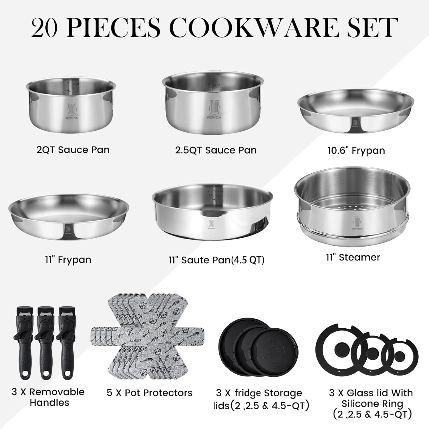 ROYDX Uncoated 18/10 Stainless Steel Cookware Set, Large Frying Pan Set with Steamer and Saute Pan, Stay-Cool Detachable Handles and Glass Lid, LFGB Approved Pots and Pans Set, Serve 4-6 People - Image 6
