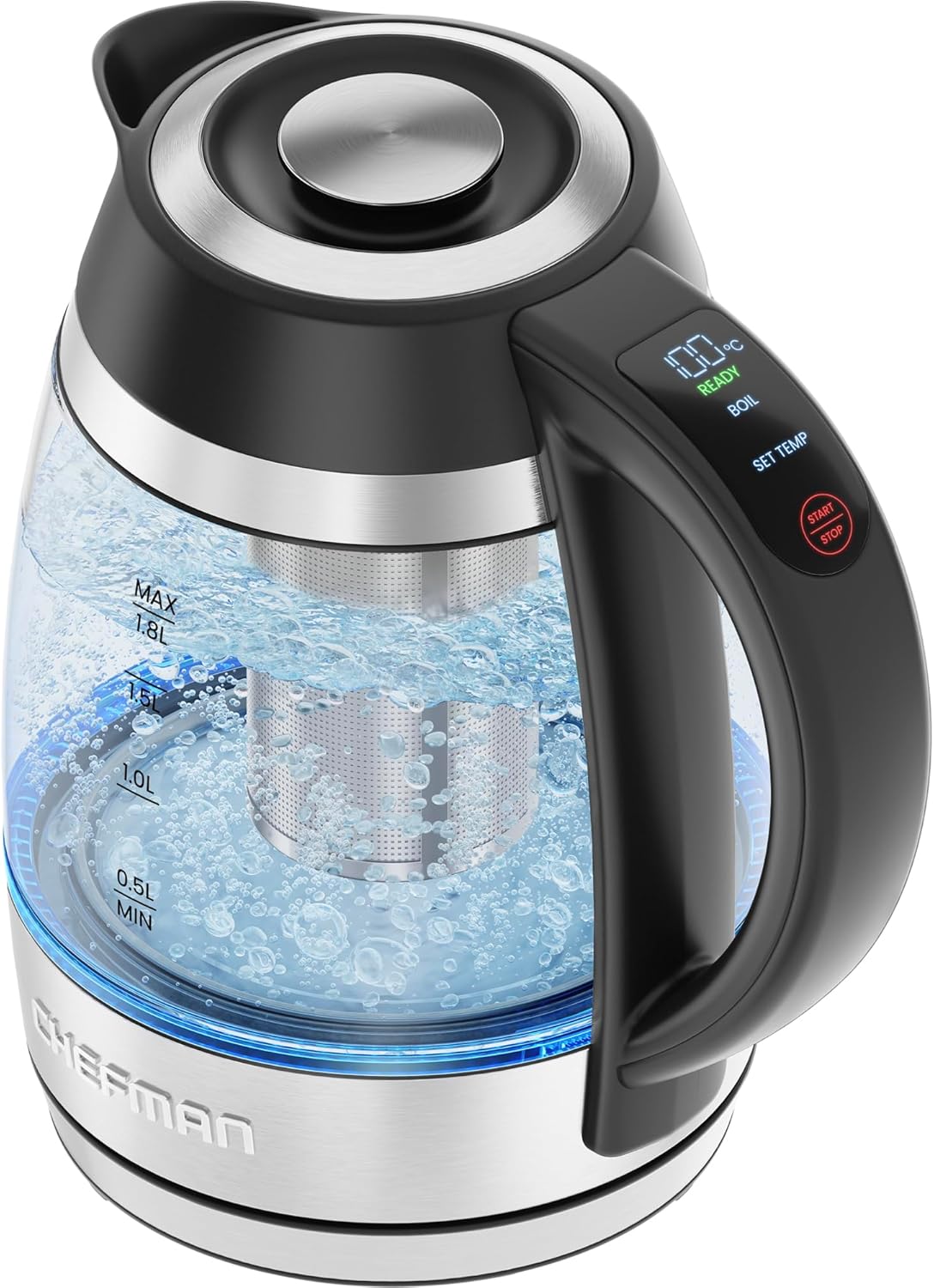 Chefman Electric Kettle for Boiling Water, 1.8L 1500W, Hot Water in 3 Minutes, LED Lights, Auto Shut-off, Boiling and Drying Protection, Glass Electric Kettle (Temperature Control)