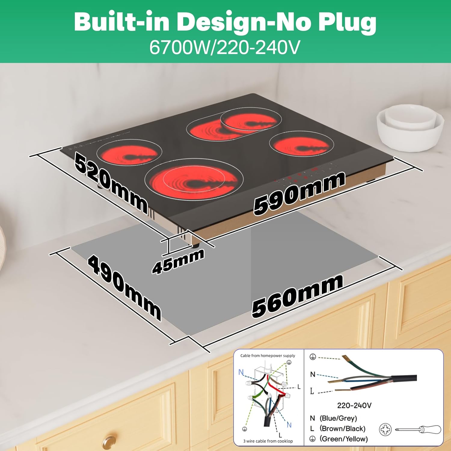 4-Zone Electric Ceramic Hob 6700W, Built-In Touch Control Cooktop, Universal Cookware Compatibility, Black Glass, Timer, Child Lock,Touch Control Electric Ceramic Cooktop - Image 6