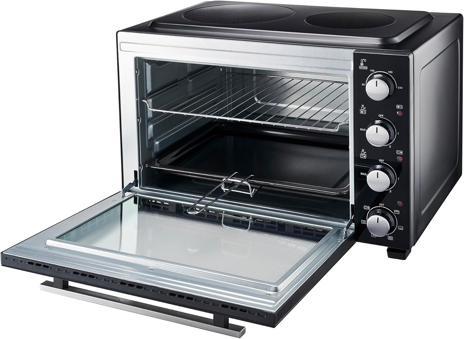 Cooks Professional Mini Portable Oven with Ceramic Hobs | Energy Efficient Electric Countertop Cooker with Two Hot Plates & Wire Rack Baking Tray | Kitchen Grill Ovens | 48L Capacity | Black & Silver - Image 5