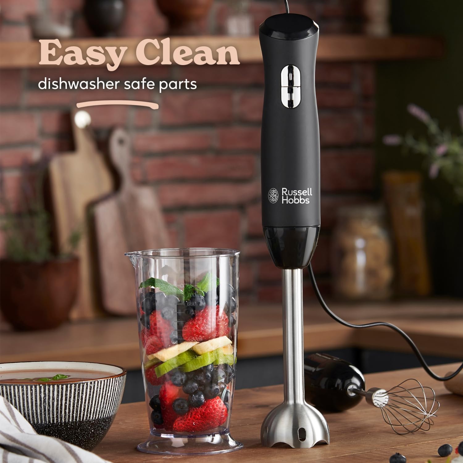 Russell Hobbs Desire 3 in 1 Electric Hand Blender, Fruit & Veg Mini Chopper & Whisk attachment, Stainless steel blending leg, whisk & blades, 500ml capacity chopping bowl & 700ml beaker, 500W, 24703 - Image 2