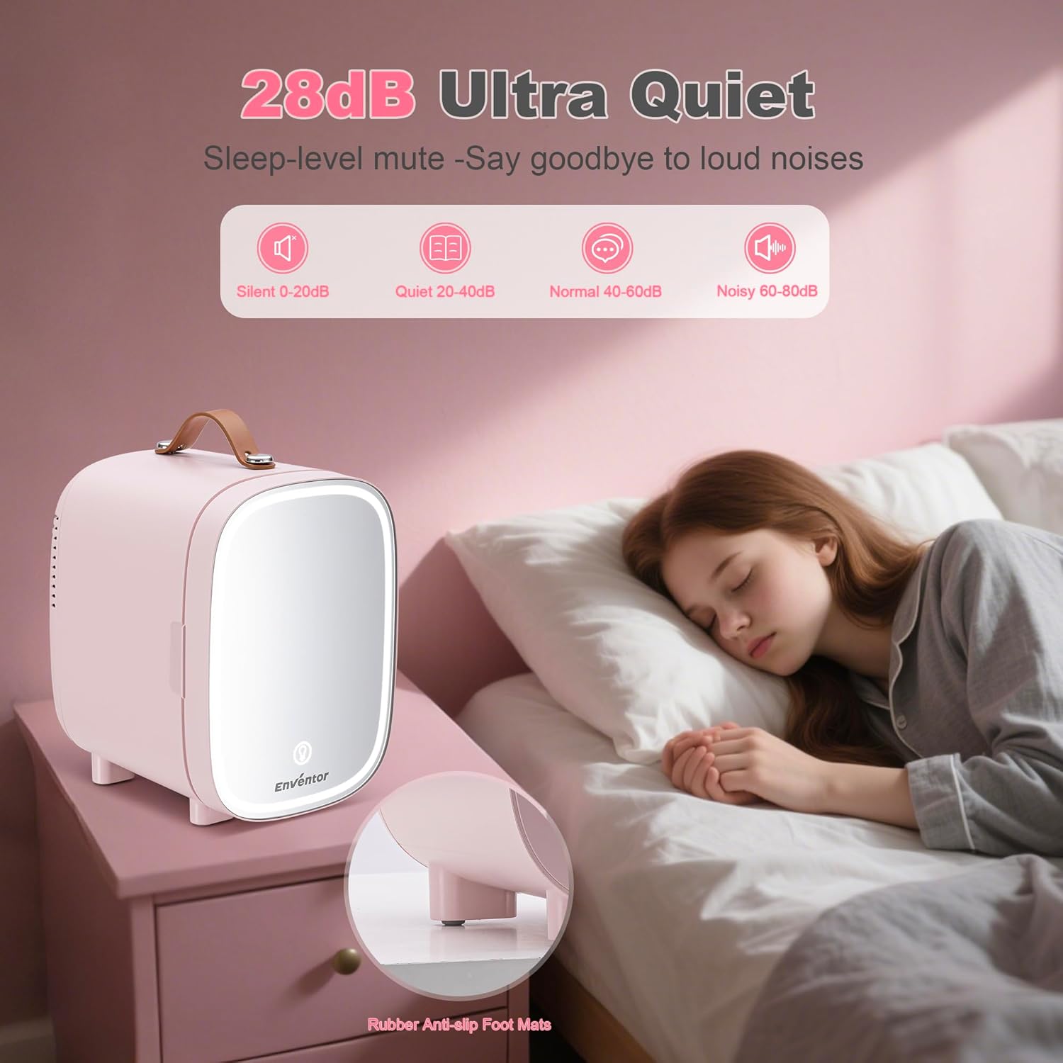 Enventor Mini Fridge 4L/ 6 Can, Skincare Fridge With Dimmable LED Light Mirror, AC+12V DC Power Cooler & Warmer for Bedrooms, Home, Car/Cosmetics, Skin Care and Food, Pink - Image 5