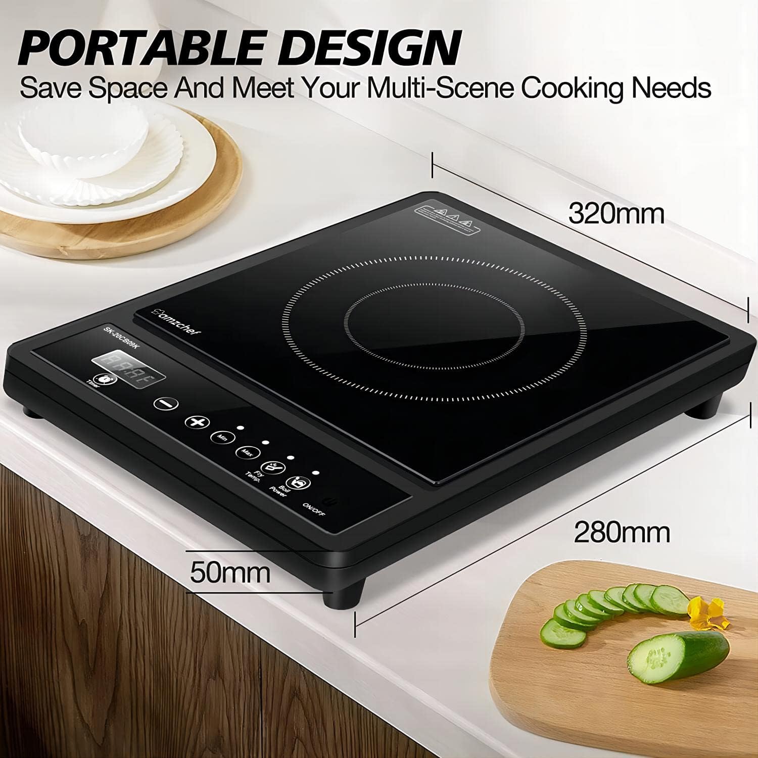 AMZCHEF Single Induction Hob, Portable Induction Hob, 10 Temperature Settings and Power levels from 300W to 2000W, Black Frosted Glass Panel,Sensitive Press Control, 3-hour Timer - Image 7