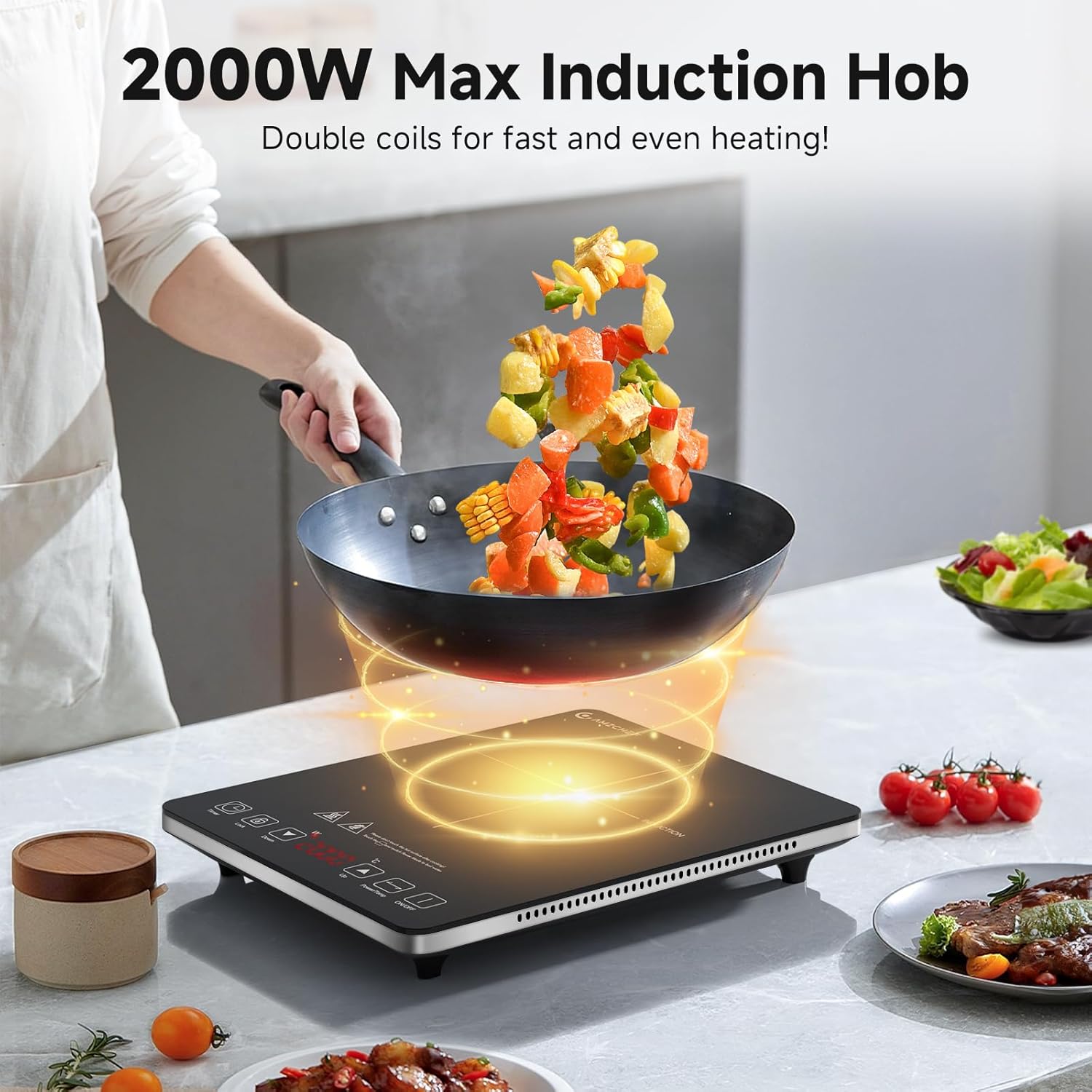 AMZCHEF Single Induction Cooker, Ultra-thin Induction Hob with Fashion Look, 10-level Power and Temperature Control, Black Frosted Glass Panel, Touch Sensor, 3-hour Timer, Safety Lock - Image 2