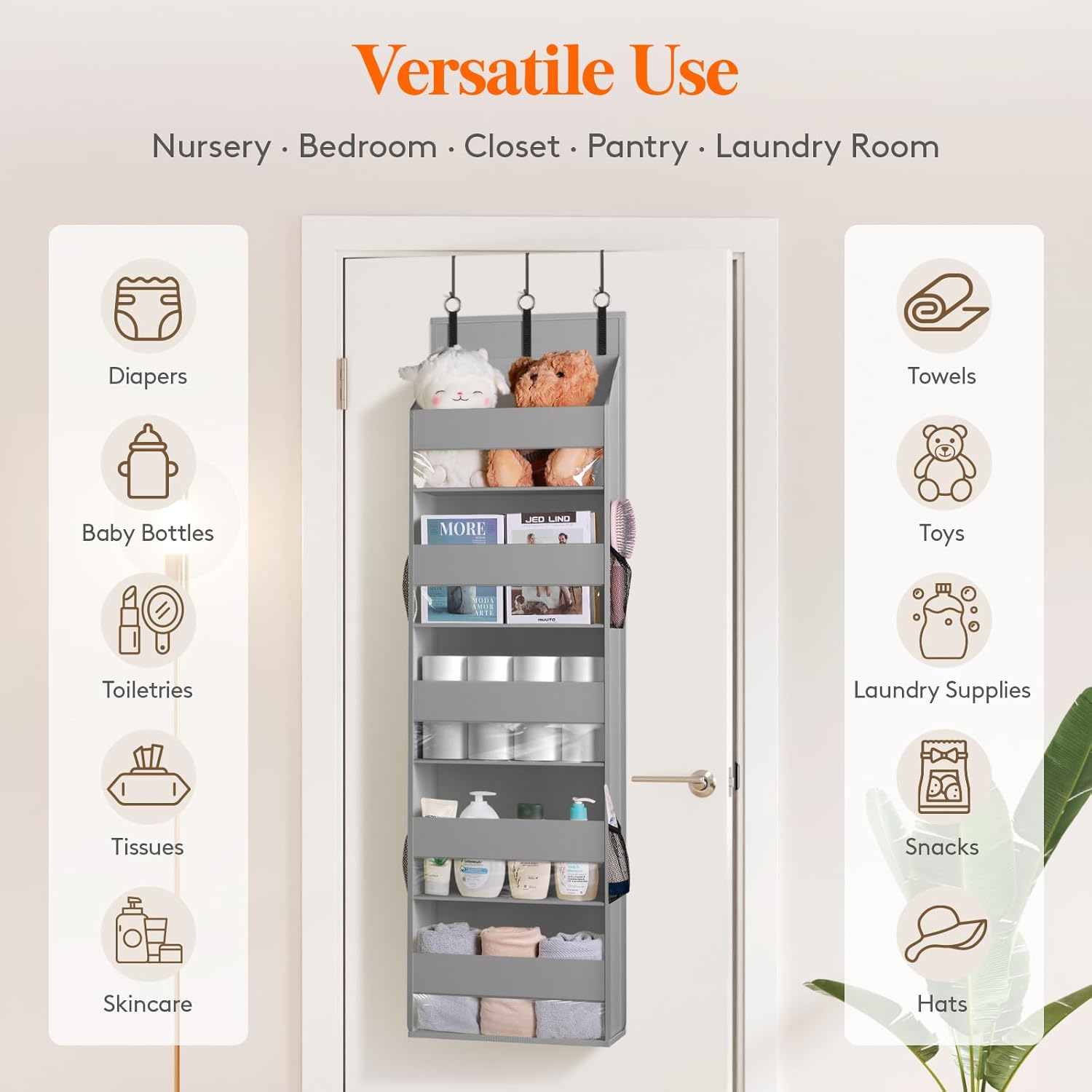 Lifewit Over the Door Storage, Clear Hanging Organiser with 4 Side Pockets, Anti Tilt 40 lbs Load Behind Door for Dorm, University Essentials, Room, Bedroom, Nursery, Light Grey, 5 Shelf, 1 Pack - Image 7