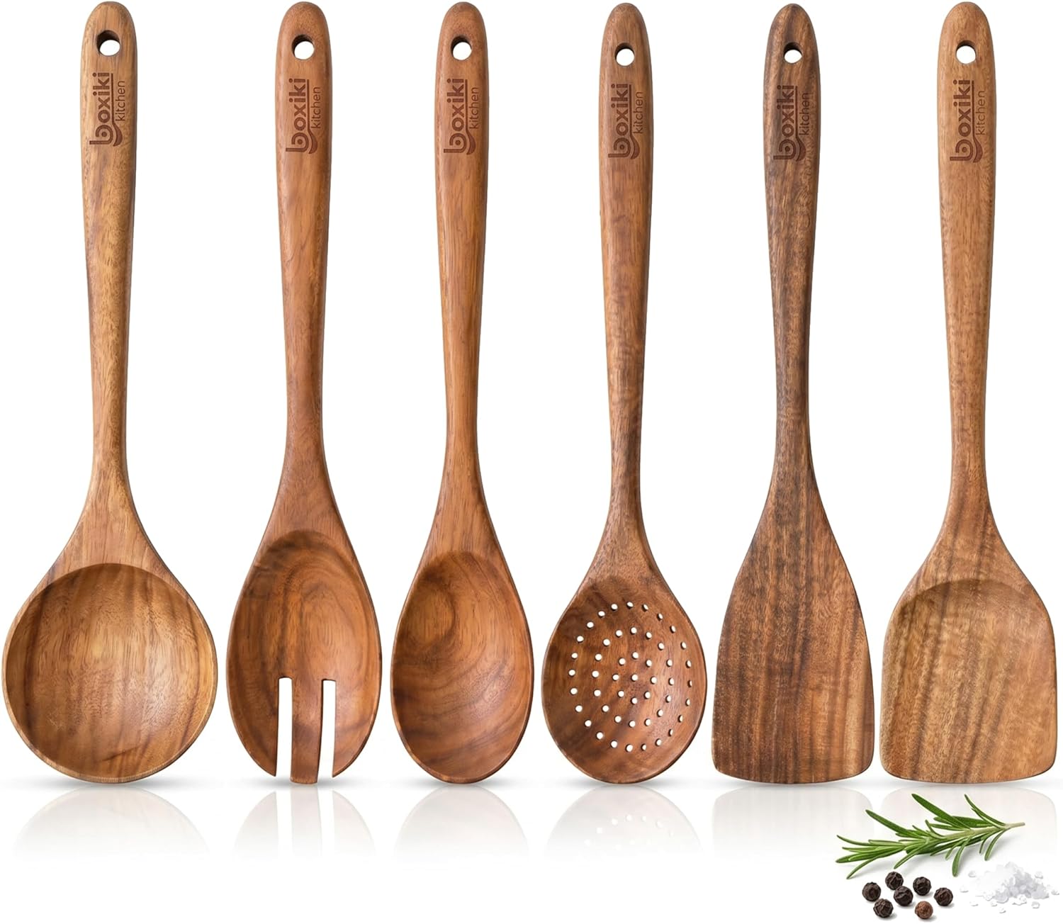 Wooden Spoons for Cooking Set of 6 - Teak Wood Kitchen Utensil Set, FSC Certified Non Toxic Wooden Cooking Utensils with Spatula Mixing Spoon Ladle and Salad Fork for Nonstick Pans by Boxiki Kitchen