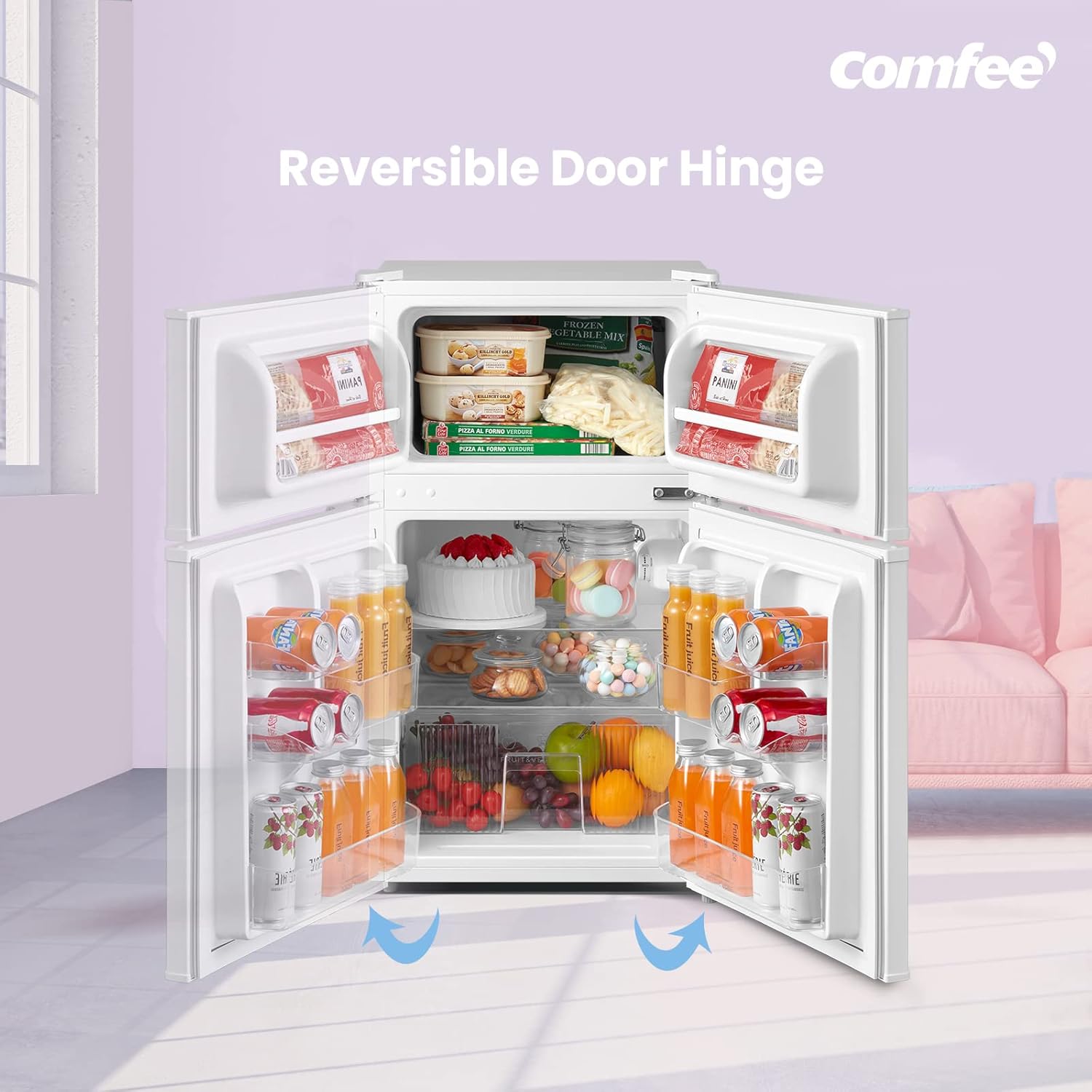 COMFEE' RCT87WH2(E) Under Counter Fridge Freezer, 87L Small Fridge Freezer with Light, Removable Shelves, Adjustable Thermostats, Reversible Doors, White - Image 4