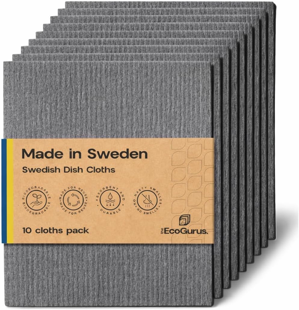 10 Pack Odour-Resistant Reusable Cleaning Cloths | Original Swedish Dishcloth | Made in Sweden | Suitable for All Surfaces | Biodegradable Cellulose Sponge | Kitchen & Bathroom | Grey