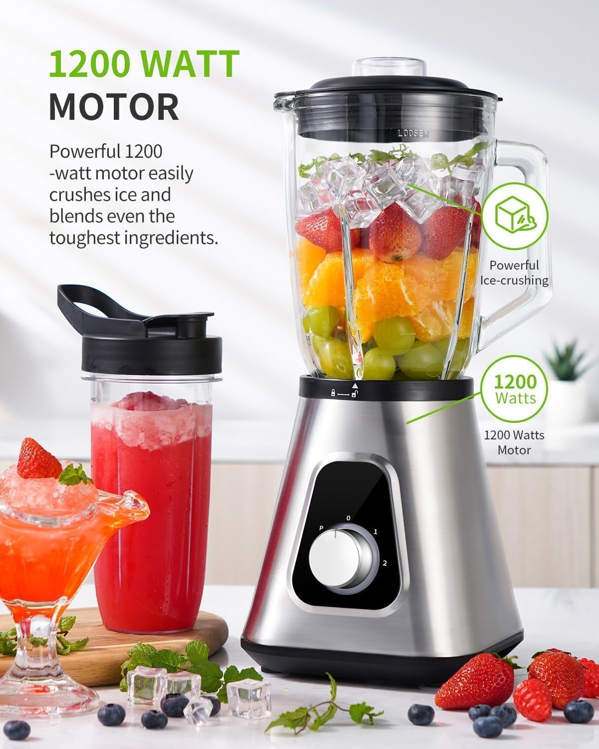 GDOR 1200W Smoothie Blender 2 in 1 Blender with 1.5L Glass Jug & 650ML Travel Cup 3 Speed Smoothie Maker Professional Glass Jug Blenders for Smoothies, Shakes, Frozen Drinks, Ice, Sauces, Silver - Image 2