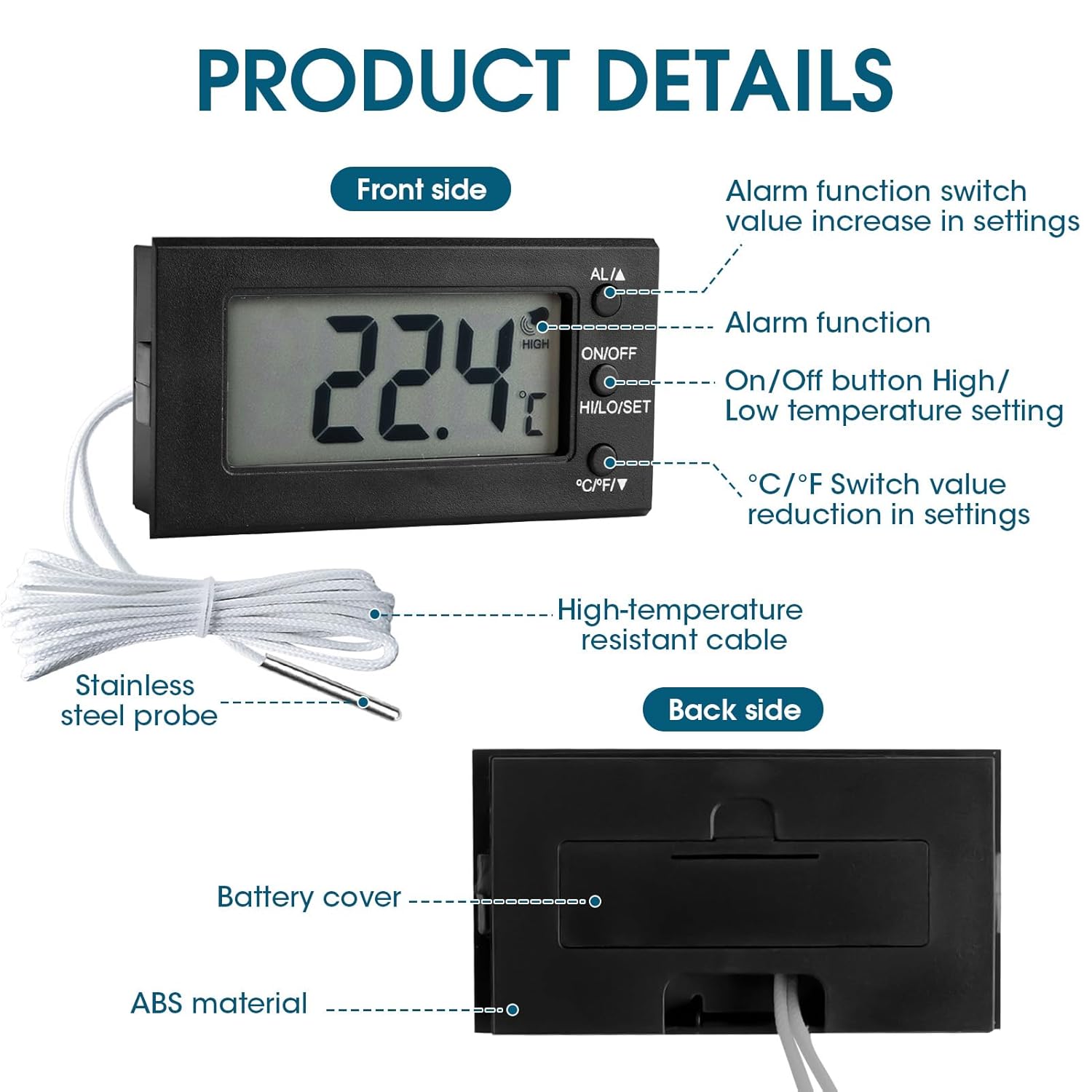 Oven Thermometer Digital 300°C Heat Resistant Temperature Probe for Baking, BBQ, Frying, Meat, Oil & Milk, Instant Read with Timer Alarm, Waterproof LCD Display - Image 5