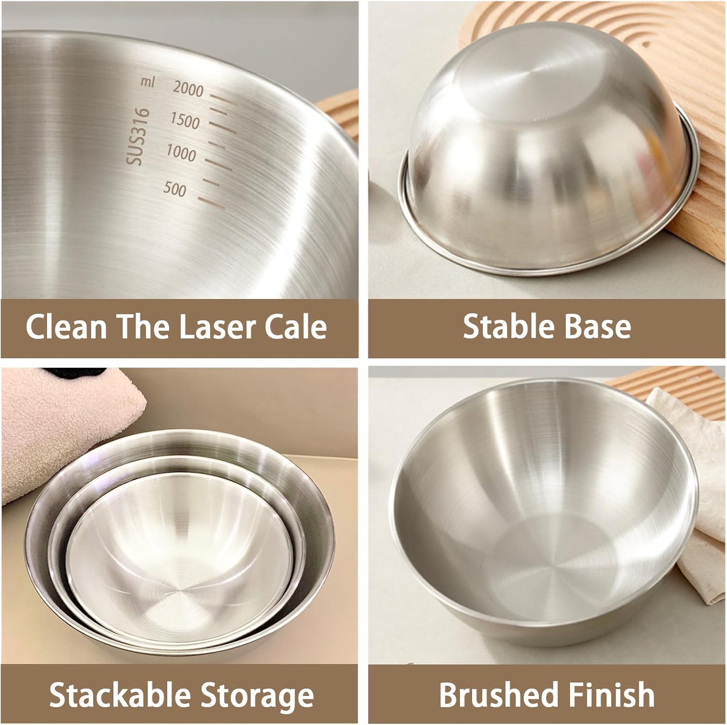 Stainless Steel Mixing Bowls Set,3 Pcs (23cm/20cm/17cm),Duty One-Piece Construction,Non-Slip Bottom,Brushed Finish,Ideal as Mixing Bowls for Baking,Dough Kneading,Salad & Food Prep - Image 5