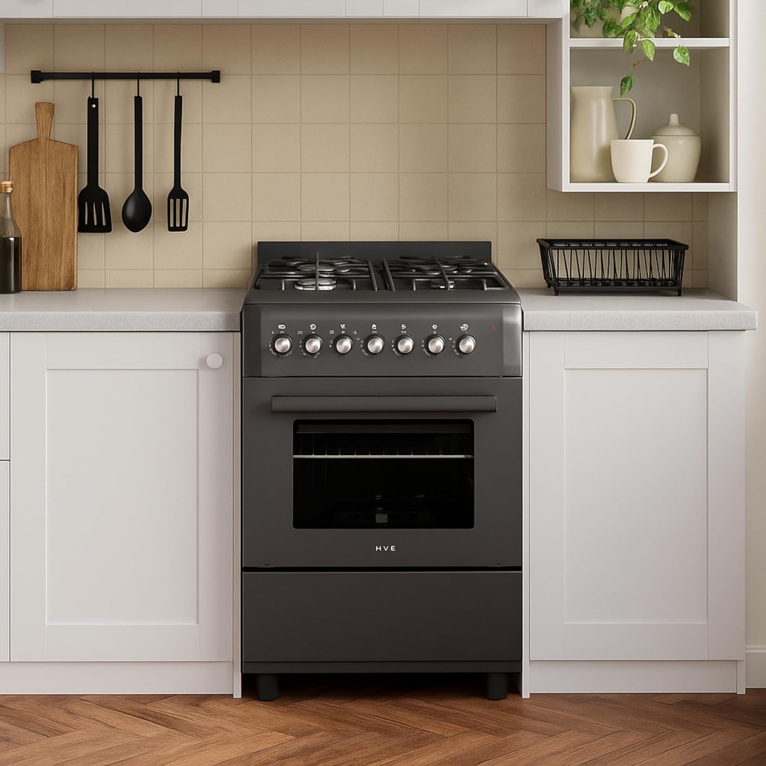 HYE Cooker - Gas Cooker With 4 Gas Burners, 62L Electric Oven, 60cm Width, Modern Freestanding Design, Black, Ideal For Family Homes - C01FS60G17 - Image 7