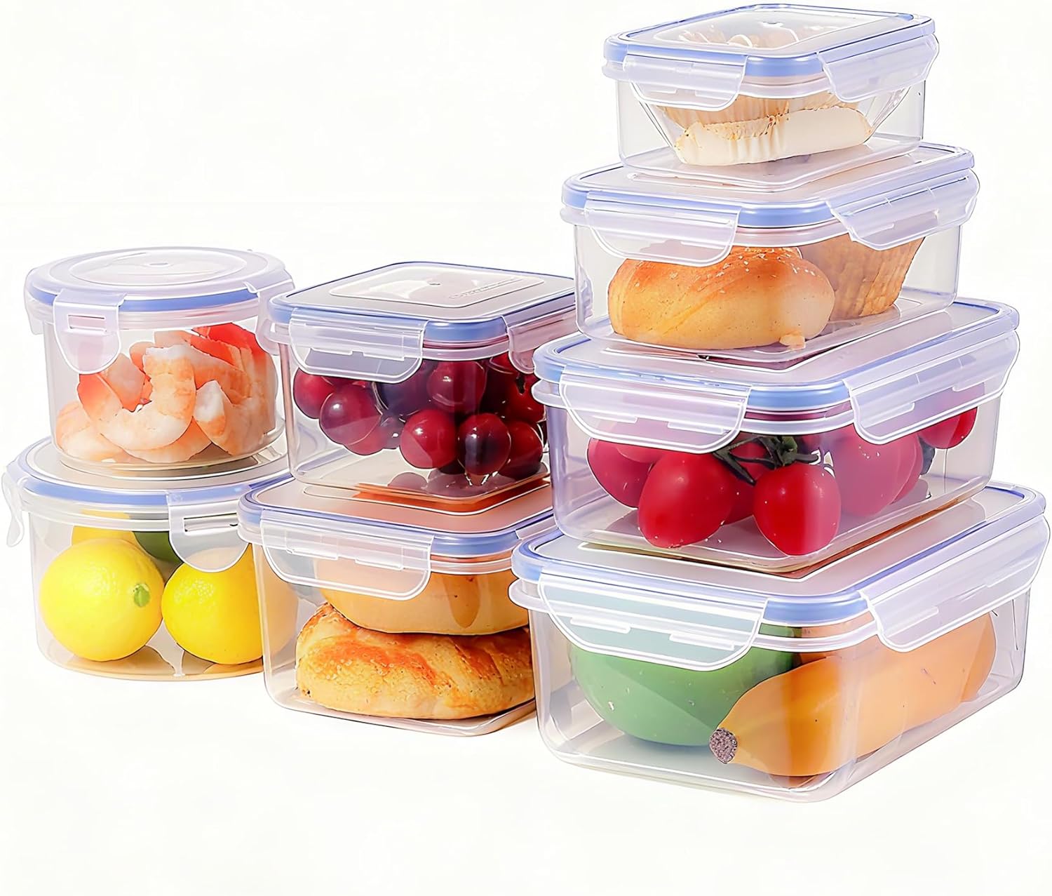 BARGAIN FACTORY Leak Proof Food Storage Containers 16PCS (8 Container + 8 Lids) Airtight Plastic Food Containers with Lids Pantry & Kitchen Containers, BPA Free Microwave & Freezer Safe, 250ML-1.6L