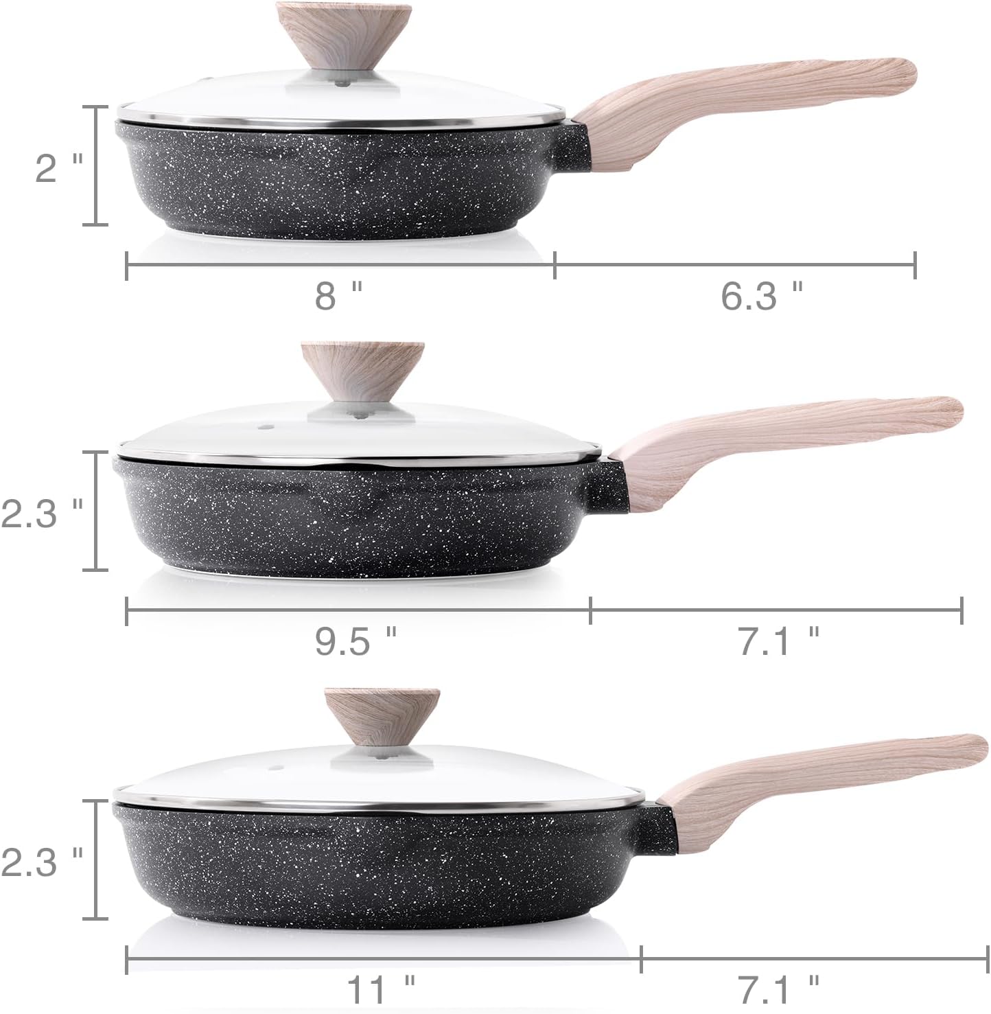 Kordisen Nonstick Frying Pan Set with Lids, 3 Piece Skillet Set, Healthy Induction Cooking Pan, Stay-Cool Handle, Compatible with All Stovetops, PFOA Free (20/24/28cm) - Image 6
