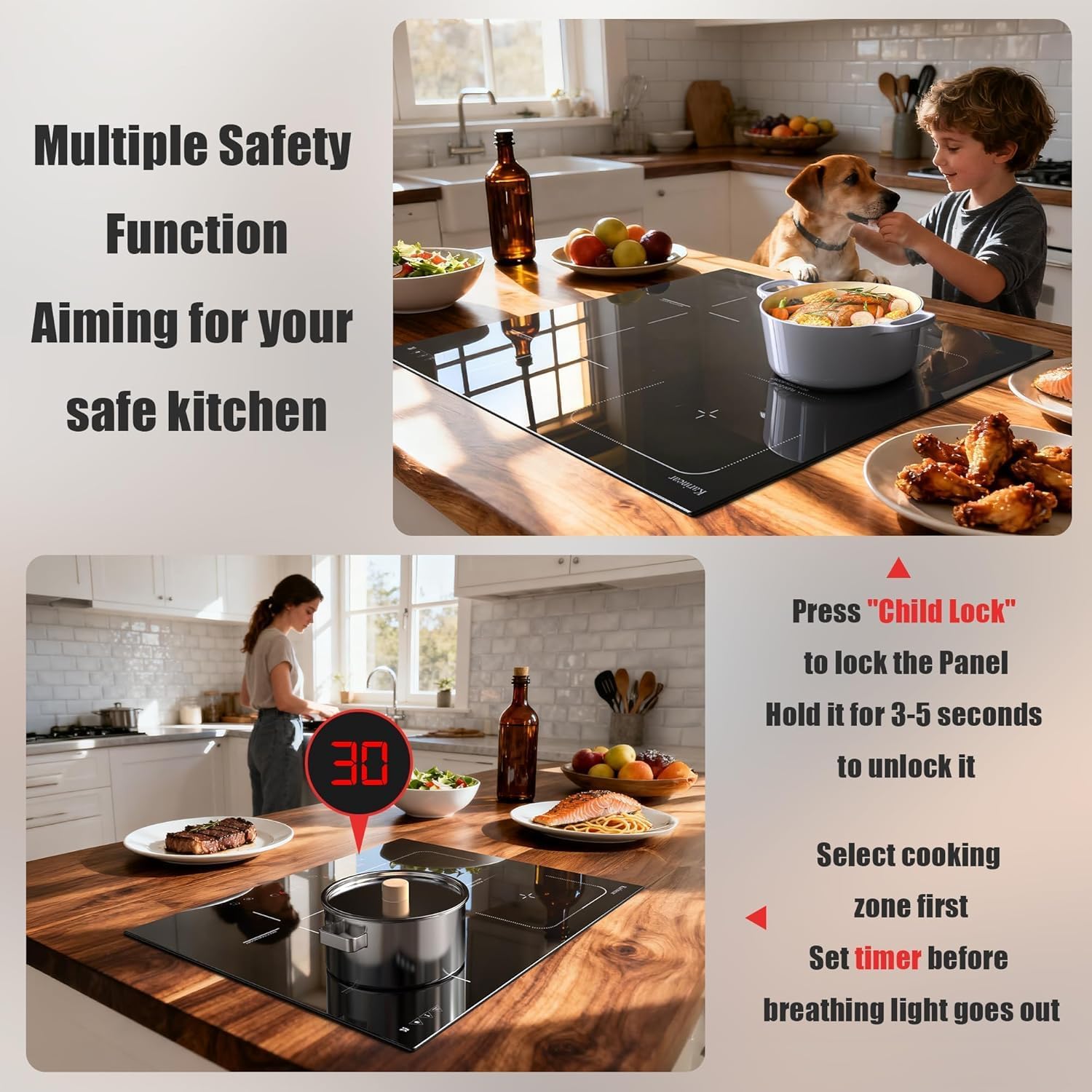 Karinear Flex Induction Hob with 99 Min Timer Safe Lock Black,4 Ring Electric Hob 60cm with Hard Wire(7200W) - Image 6