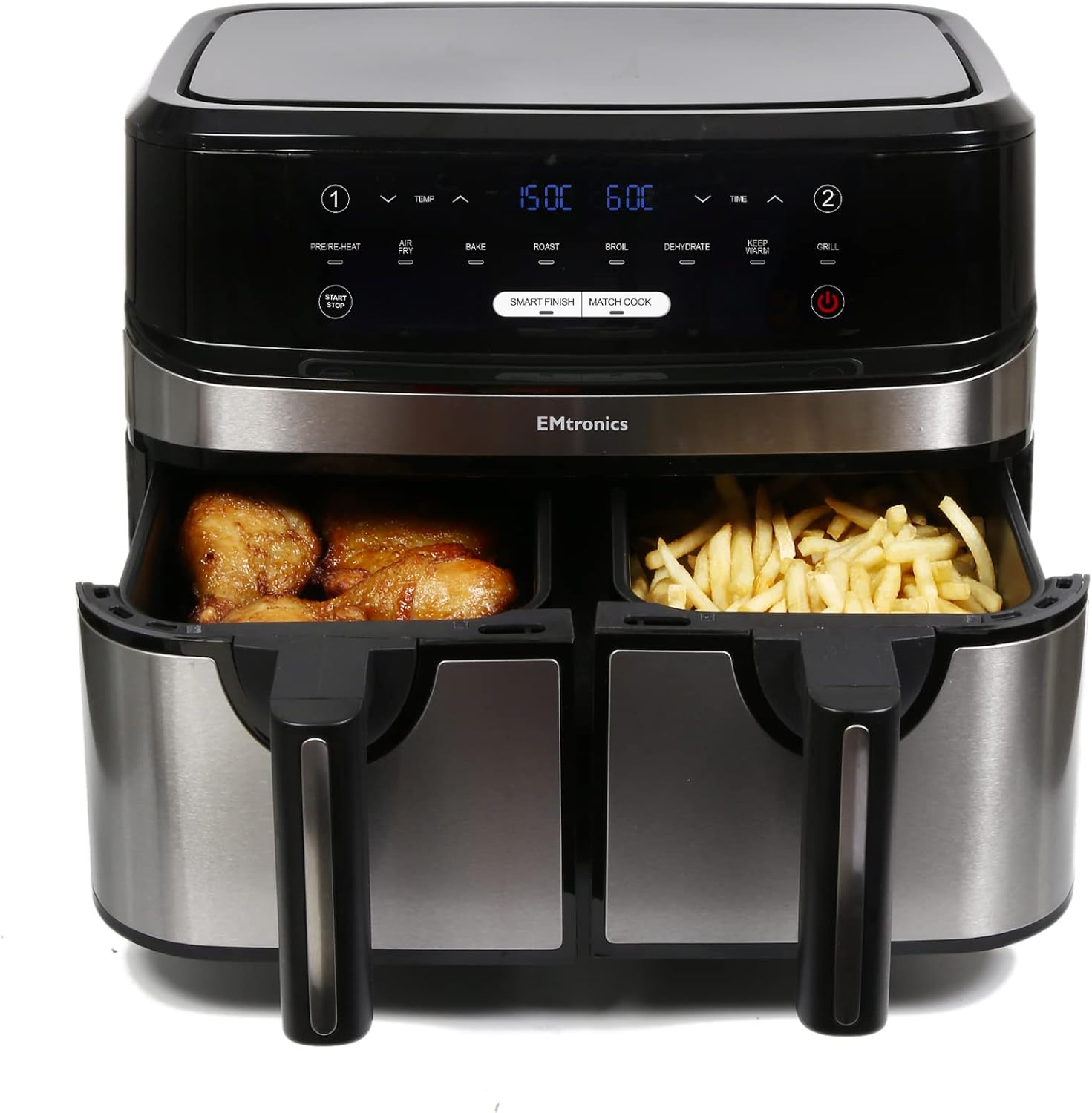 EMtronics EMAFDD9LSL Dual Air Fryer Extra Large Family Size Double XL 9 Litre with 8 Pre-Set Menus for Oil Free & Low Fat Healthy Cooking, Easy Clean Metal Interior, 99-Minute Timer - Stainless Steel - Image 6