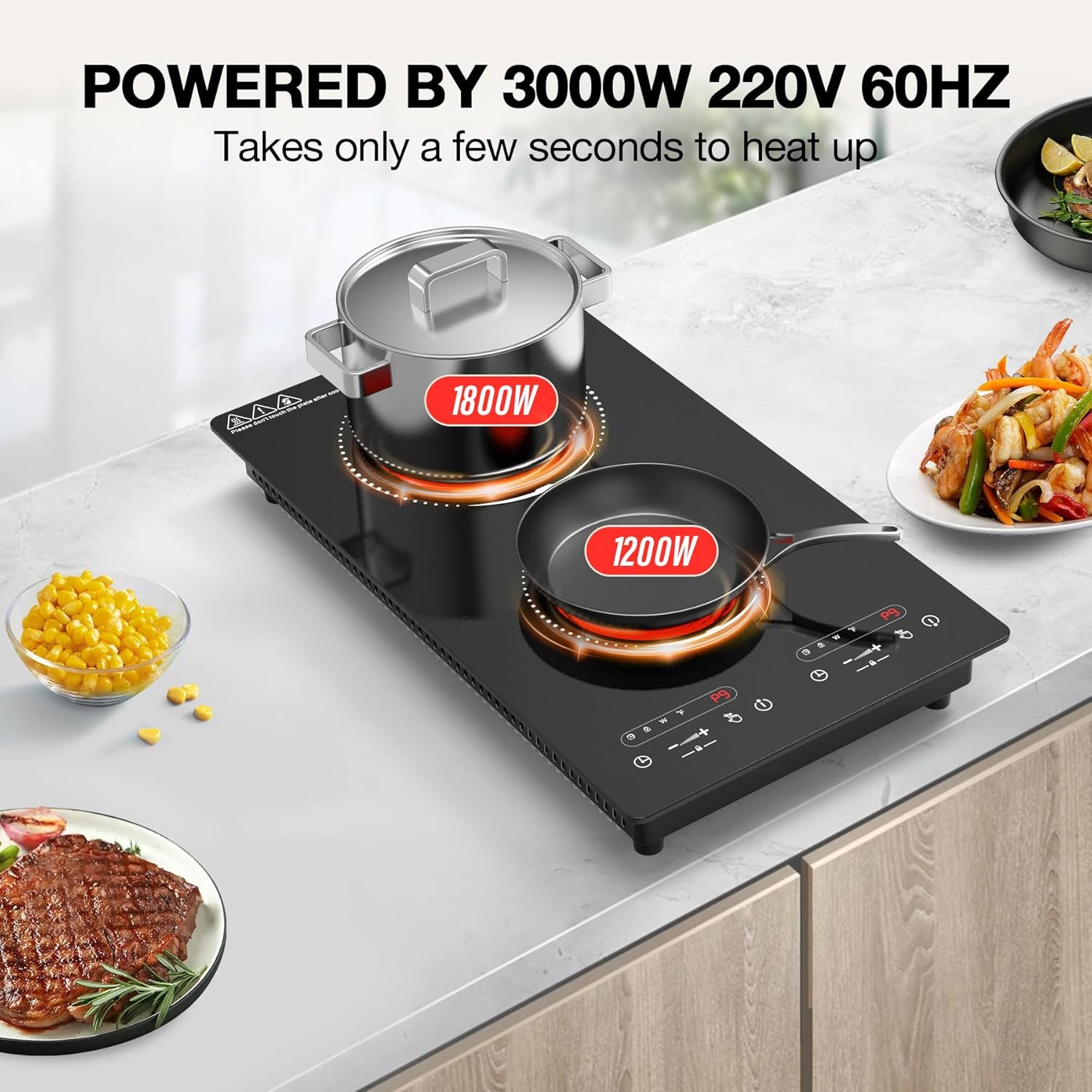 VBGK Double Ceramic Hob 3000W, Plug in 2 Ring Electric Hob with LCD Touch Control, Electric Cooktop with Safety Lock & Timer, 9 Power Levels, Built-in and Countertop 220V-240V - Image 10