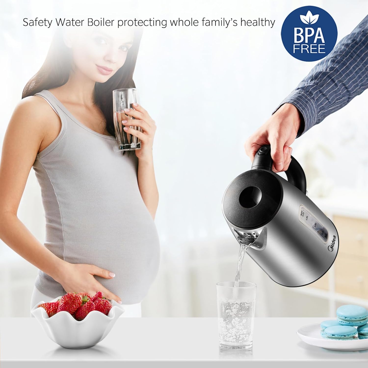 Midea Electric Kettle 3000W Fast Boil 1.7L Stainless Steel Kettle LED Indicator,Spring Lid,Removable Filter,Insulated Handle, Water Level Indicator, Dry Burn Protection,BPA-Free - Image 6