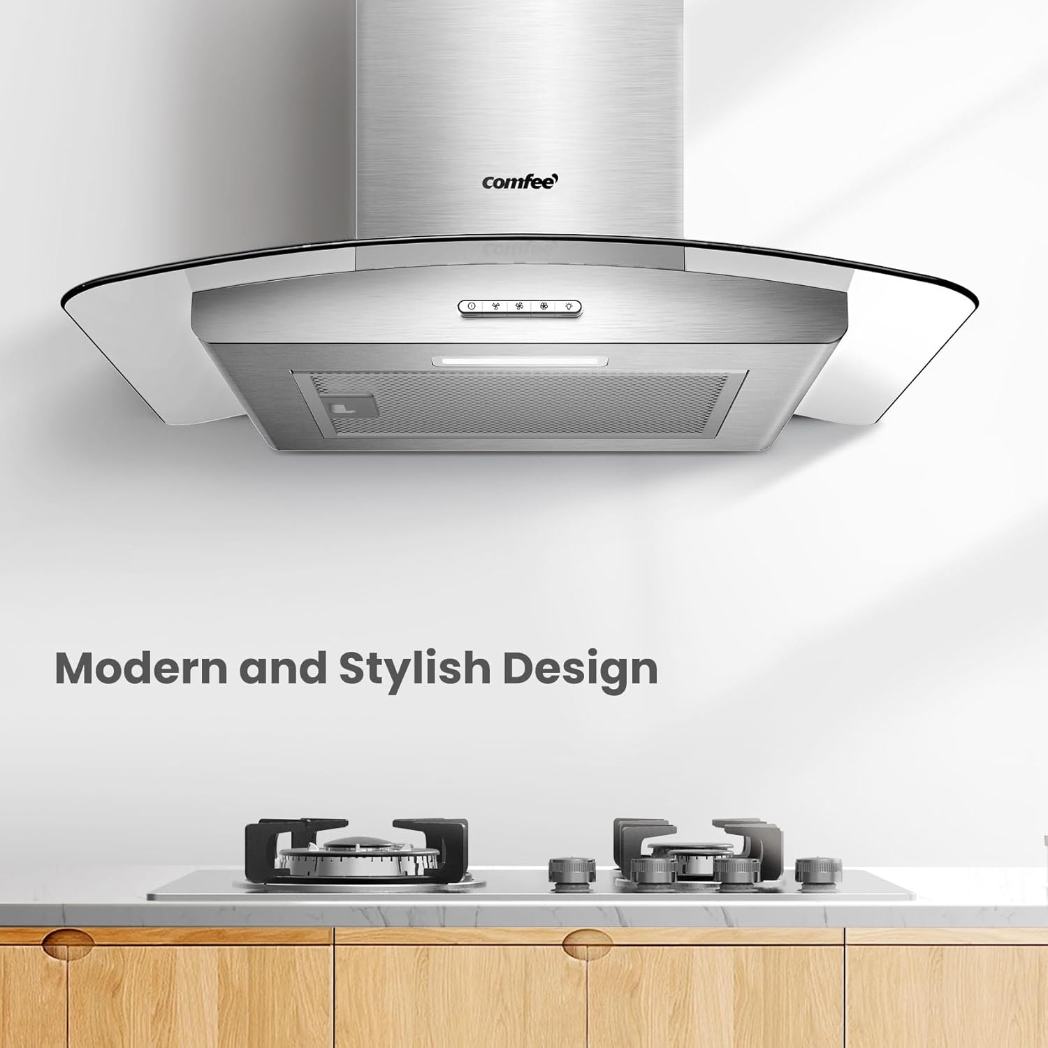 COMFEE' Chimney Cooker Hood 60cm GLAV17SS-60 with LED Light & Glass Extractor Hoods, 600mm Kitchen Extractor Fan - Stainless Steel - Image 2