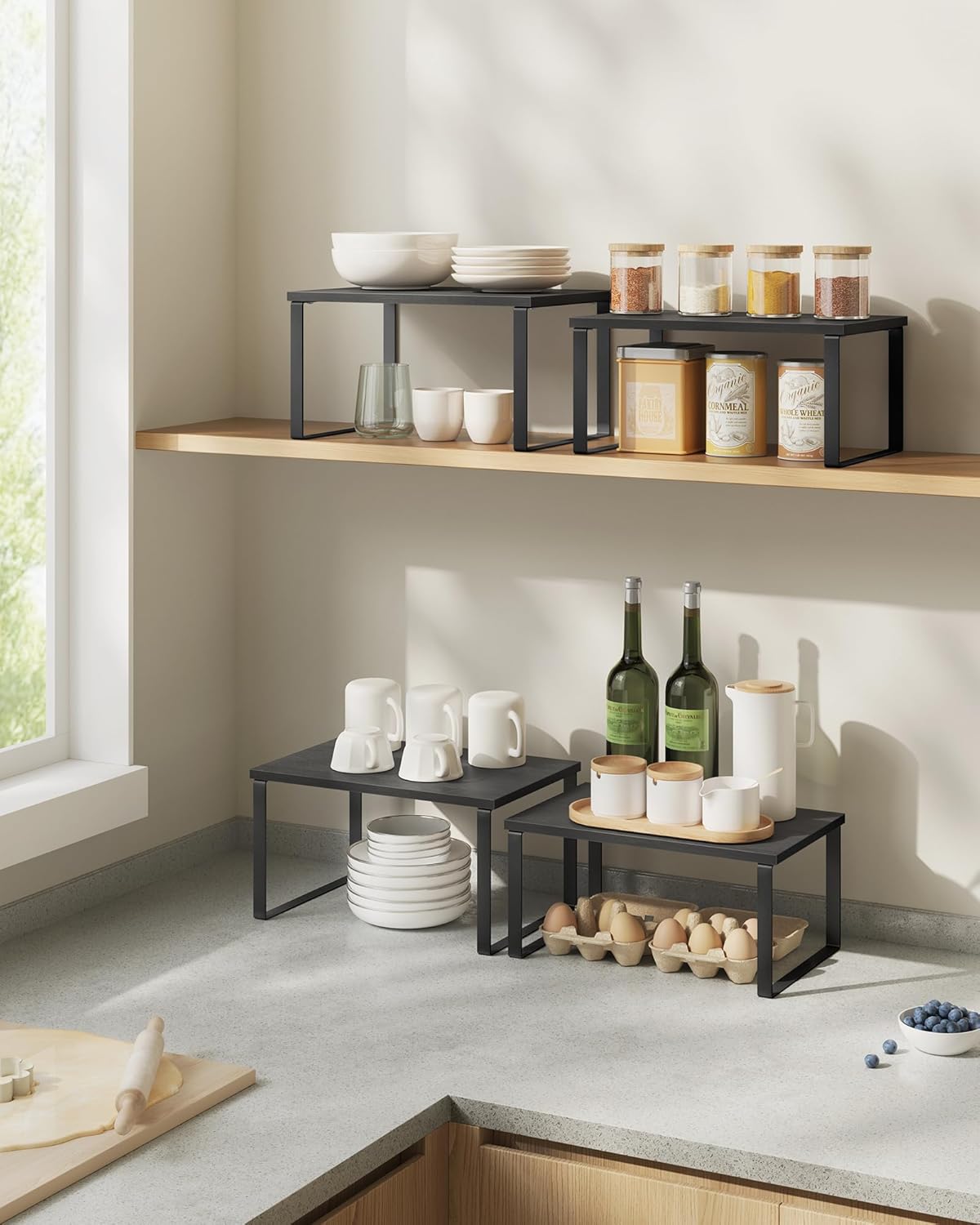 SONGMICS Spice Rack, Set of 2 Cupboard Shelf Organisers, Expandable Kitchen Shelf Organiser, Stackable Spice Holder, Metal and Engineered Wood, Ink Black and Ebony Black KCS02B01 - Image 2